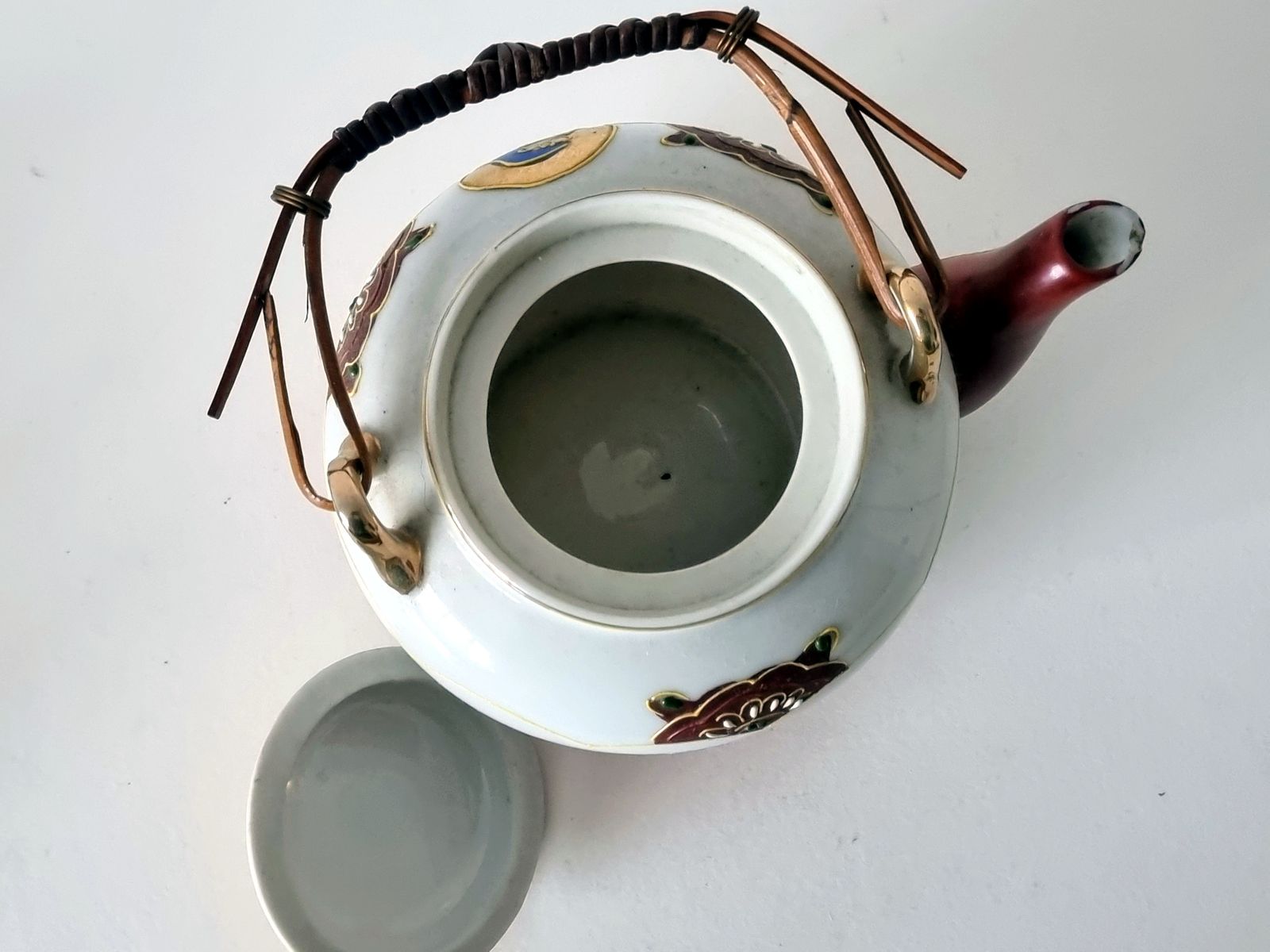 Japanese Moriage Teapot, Hand Painted Porcelain Tea Pot, Satsuma Style Raised Enamel, Geisha Decor, Bamboo Handle Oriental Ceramic photo buy