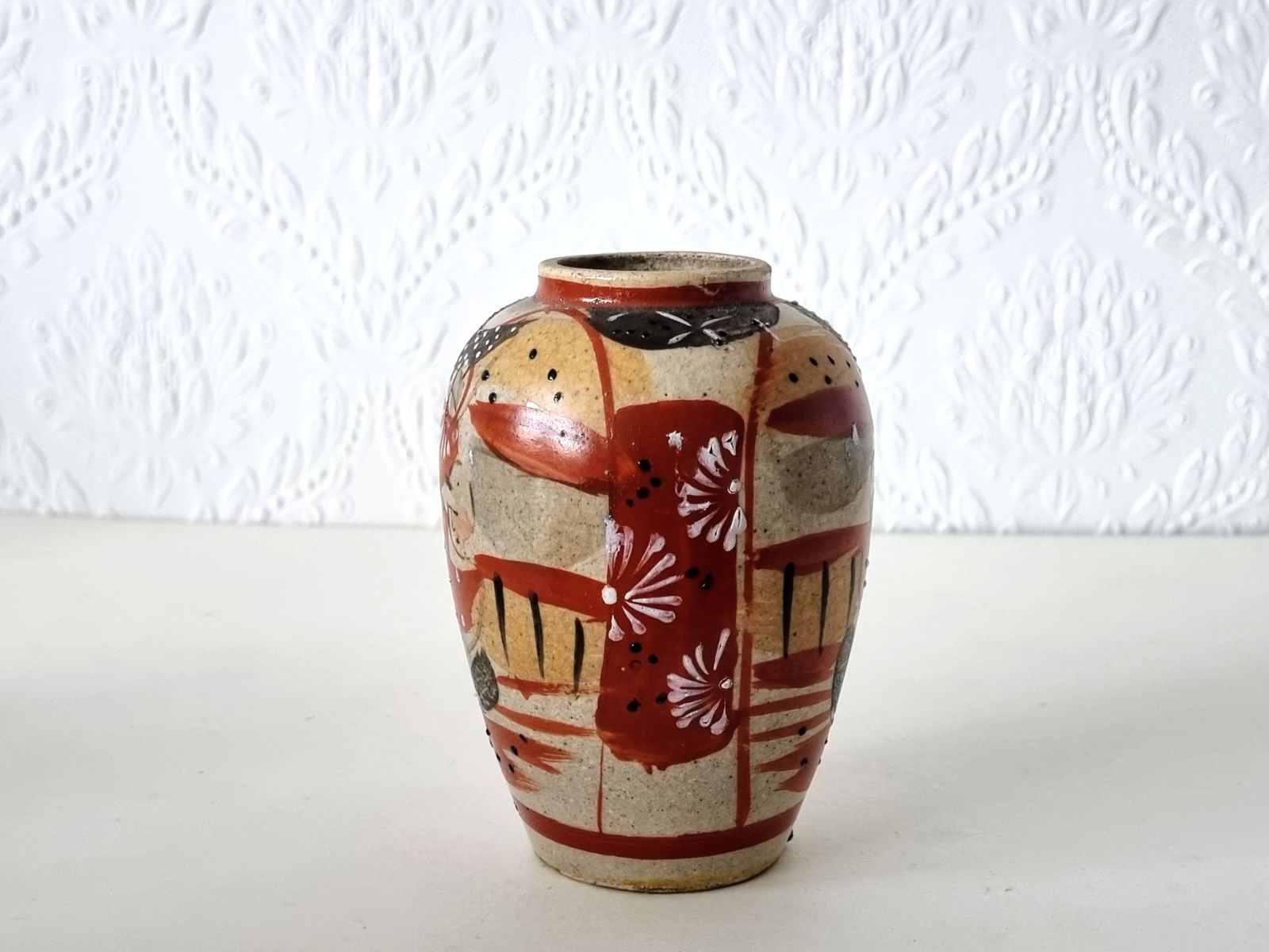 Japanese Moriage Vase, Antique Satsuma Stoneware, Hand Painted Raised Enamel, Miniature Ceramic, Geisha Decor Pottery photo 65.0