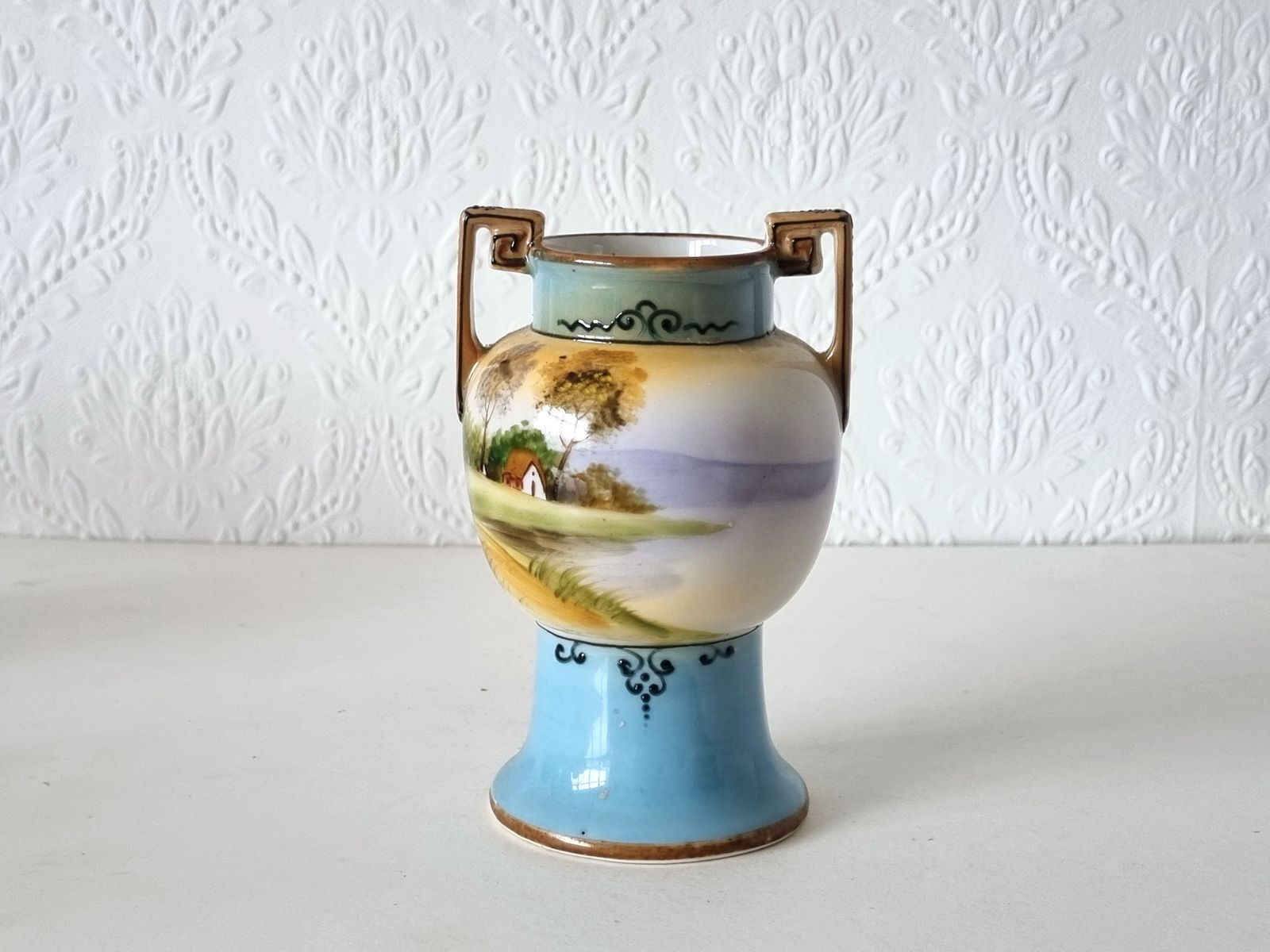 Art Deco Handled Vase, Noritake Japan Porcelain, Scenic Landscape Urn, Twin Handle Pedestal, 1930s Ceramic Decor photo 95.0