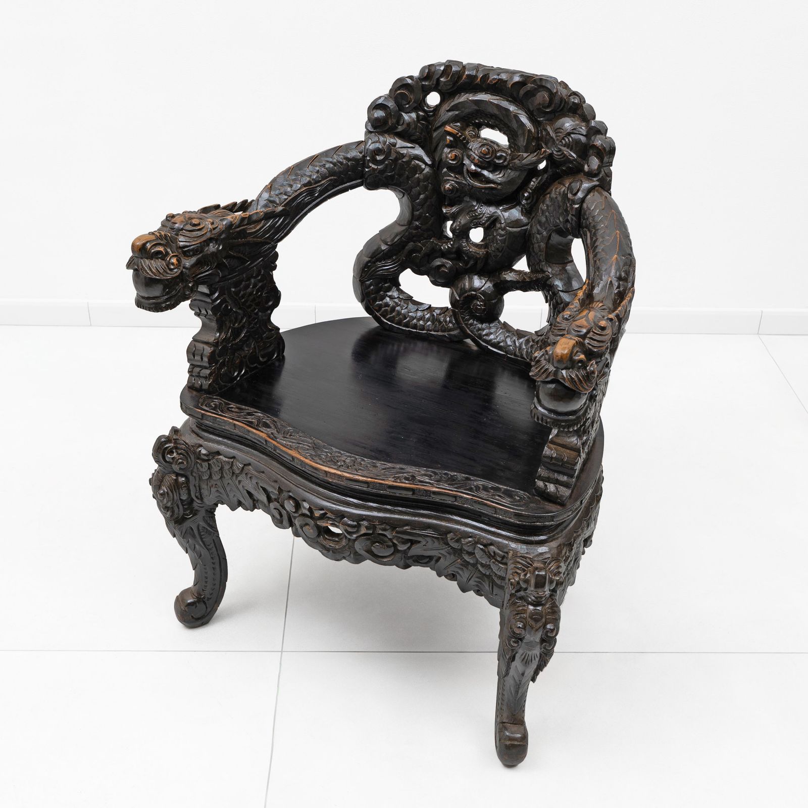 Furniture Pair Of Chinese Qing Dynasty Carved Dragon Armchairs, Ebonized Hardwood, 19th photo