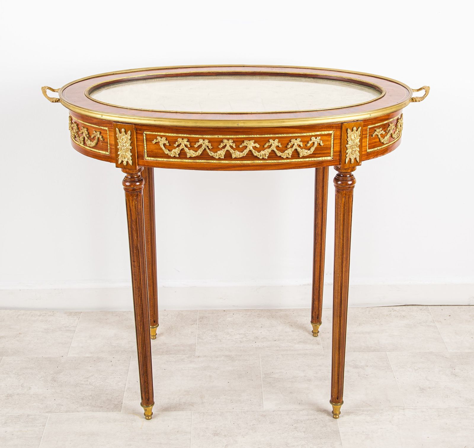 Vintage French Bijouterie Table   Ormolu Mounted Glass Display Jewellery