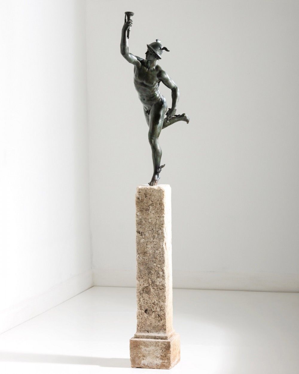 After Giambologna   Large Grand Tour Bronze Of Mercury On Carved Stone Column photo Art