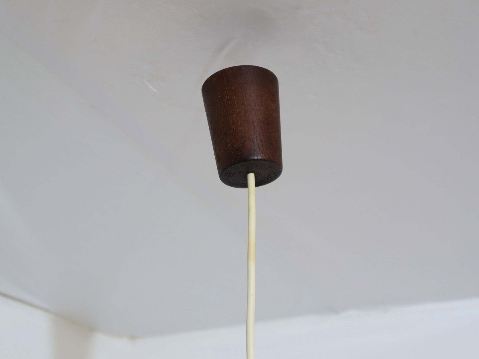 photo for sale 1970s Italian Cocoon Globe Pendant Lamp With Teak Details