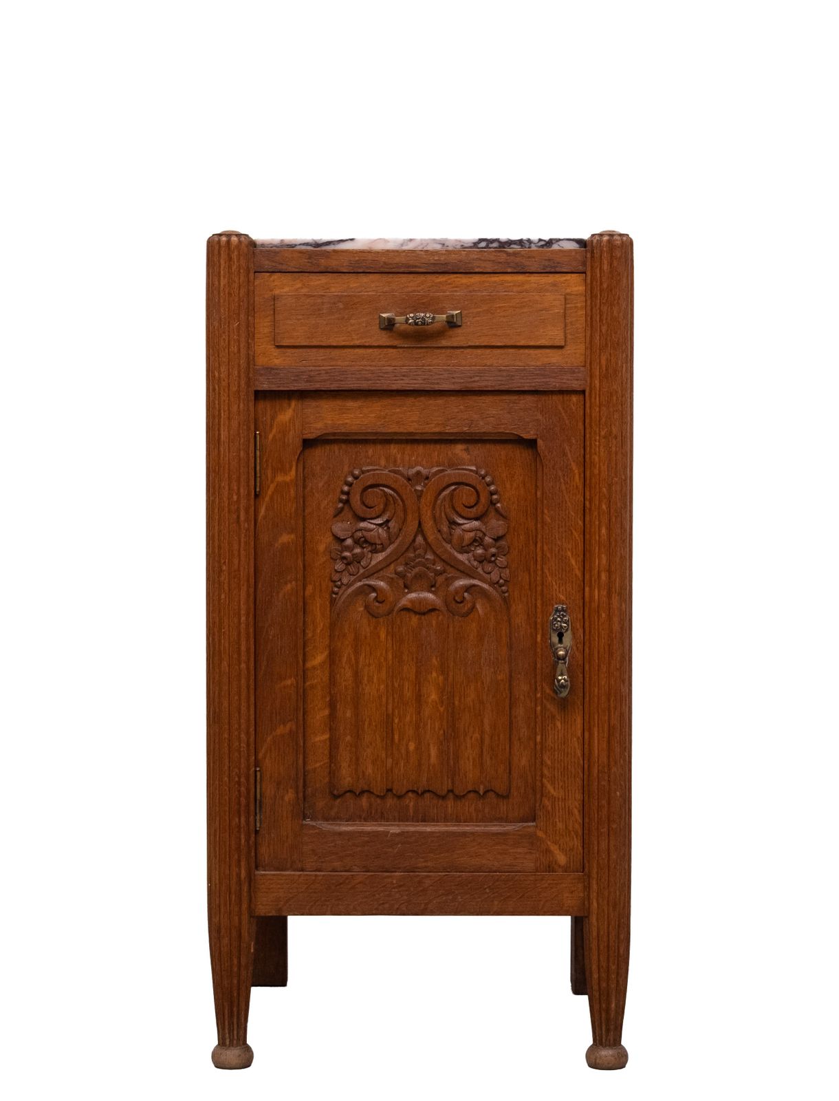 Art Nouveau Nightstand, Solid Oak & Marble Top, Hand Carved, 1920s