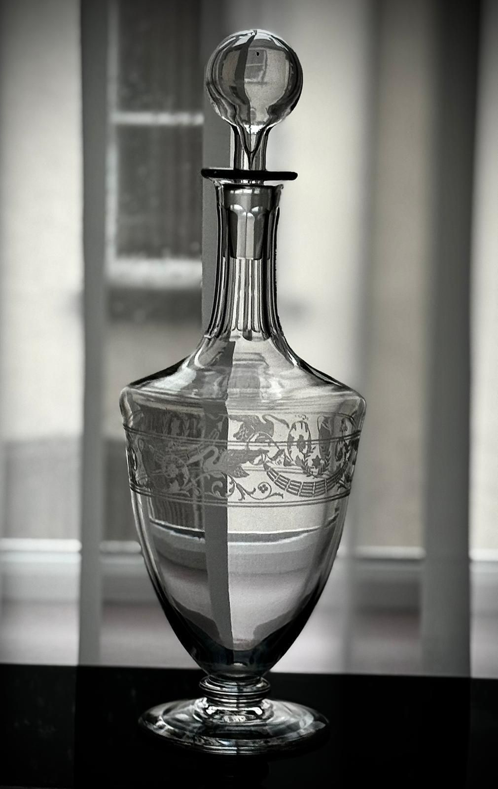French Baccarat Cognac Decanter With Swan Engraving, 1920s photo for sale
