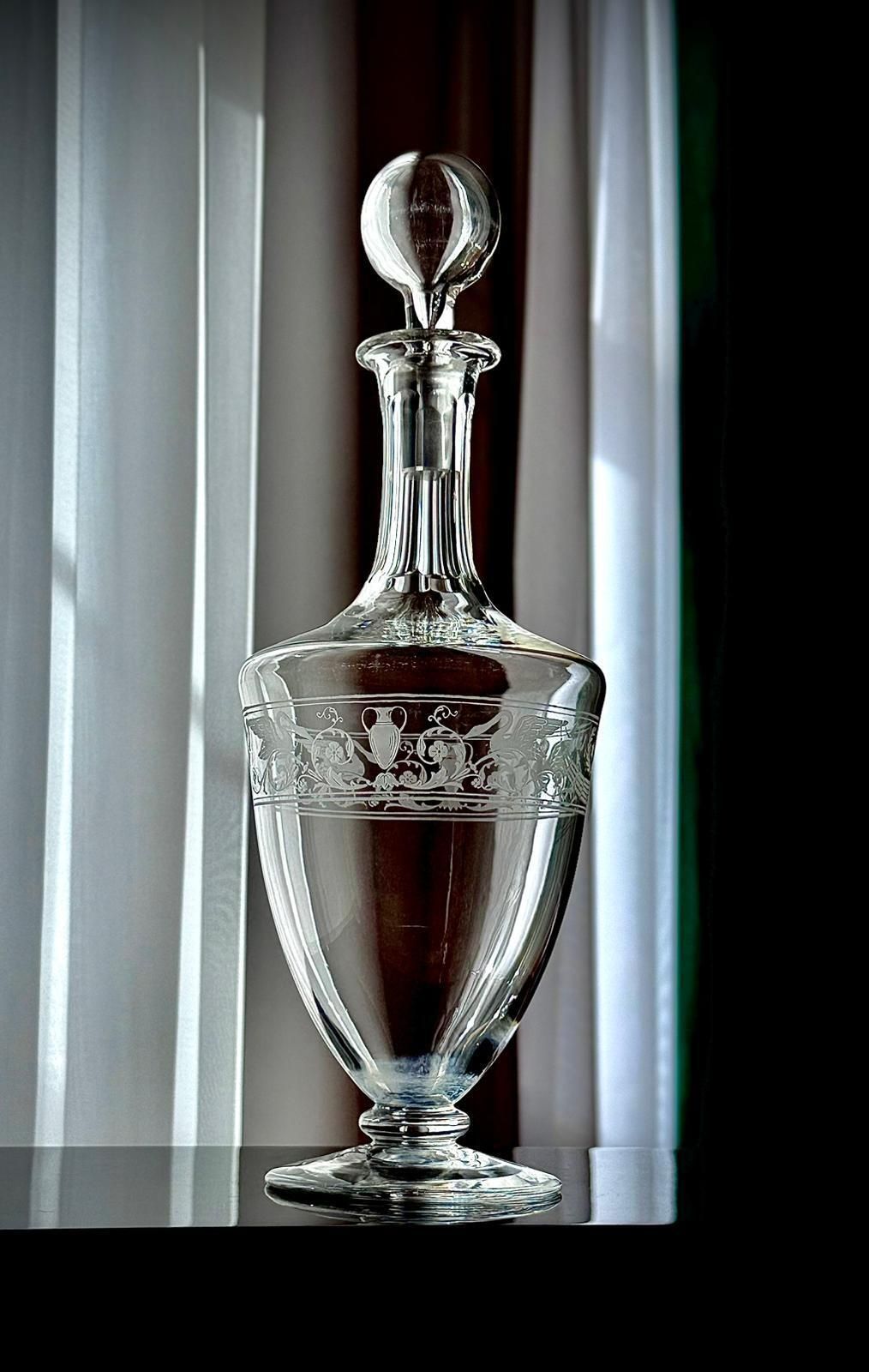 French Baccarat Cognac Decanter With Swan Engraving, 1920s
