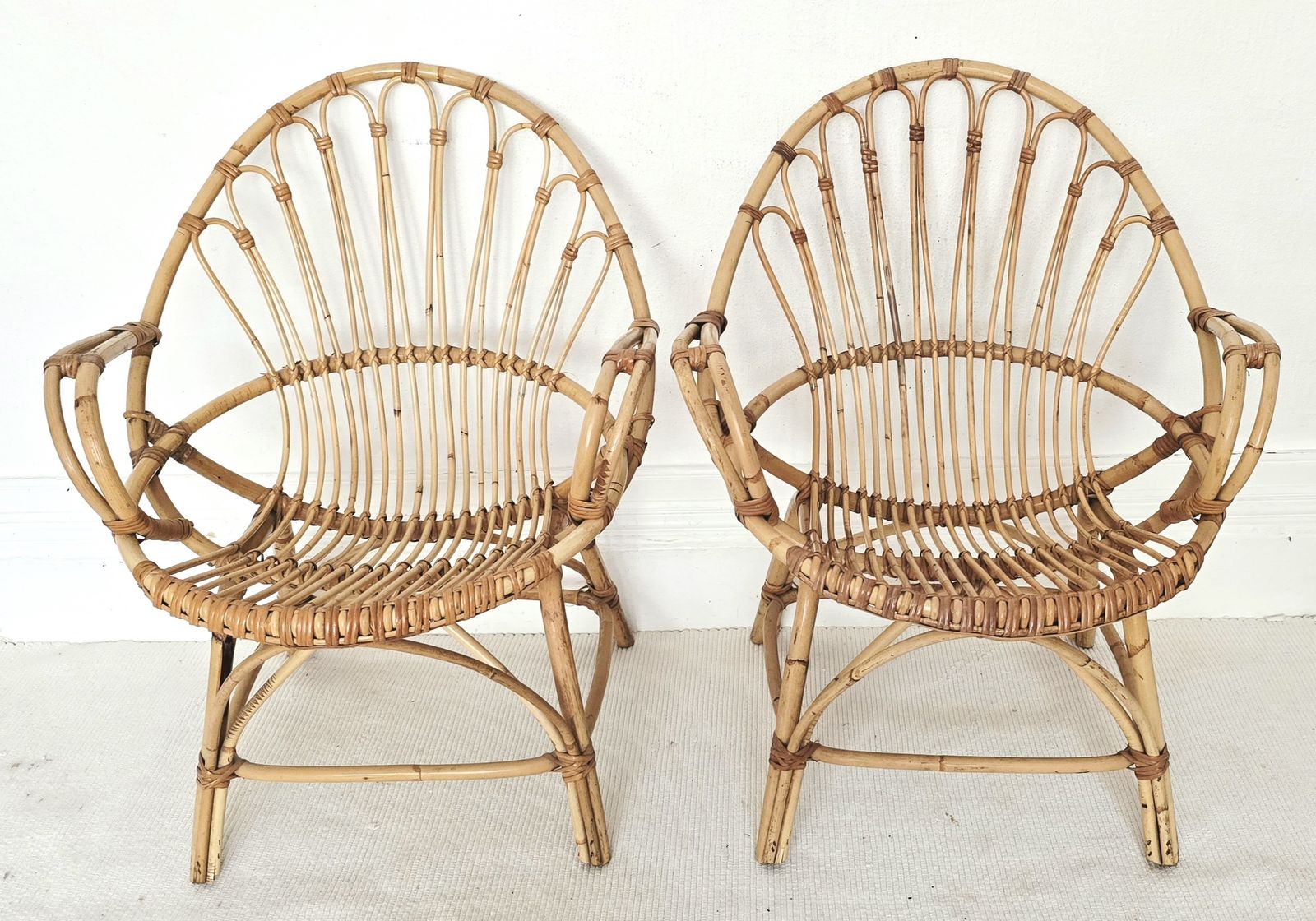 A Pair Of Mid Century French Bamboo Clam Shell Chairs, Riviera. photo for sale