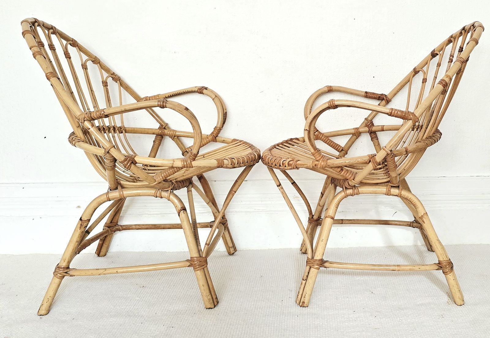 A Pair Of Mid Century French Bamboo Clam Shell Chairs, Riviera. photo buy