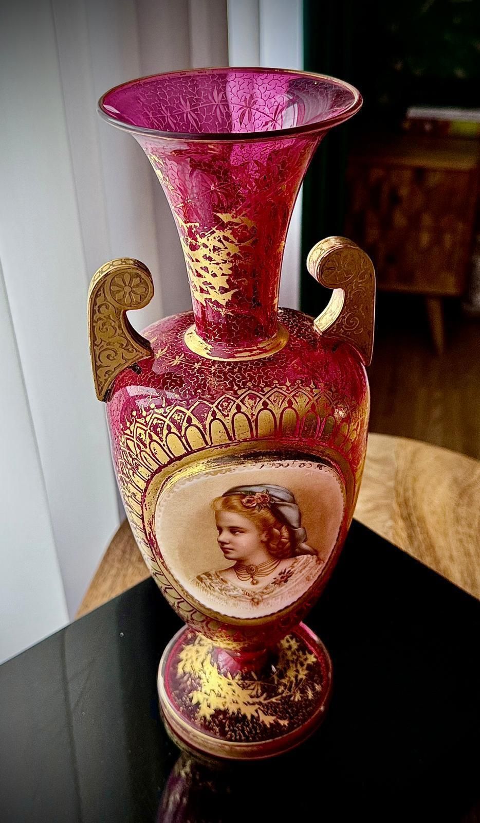 photo furniture 19th Century Bohemian Ruby Glass Urn Vase, Attributed Moser, Hand Painted Portrait, C.1880