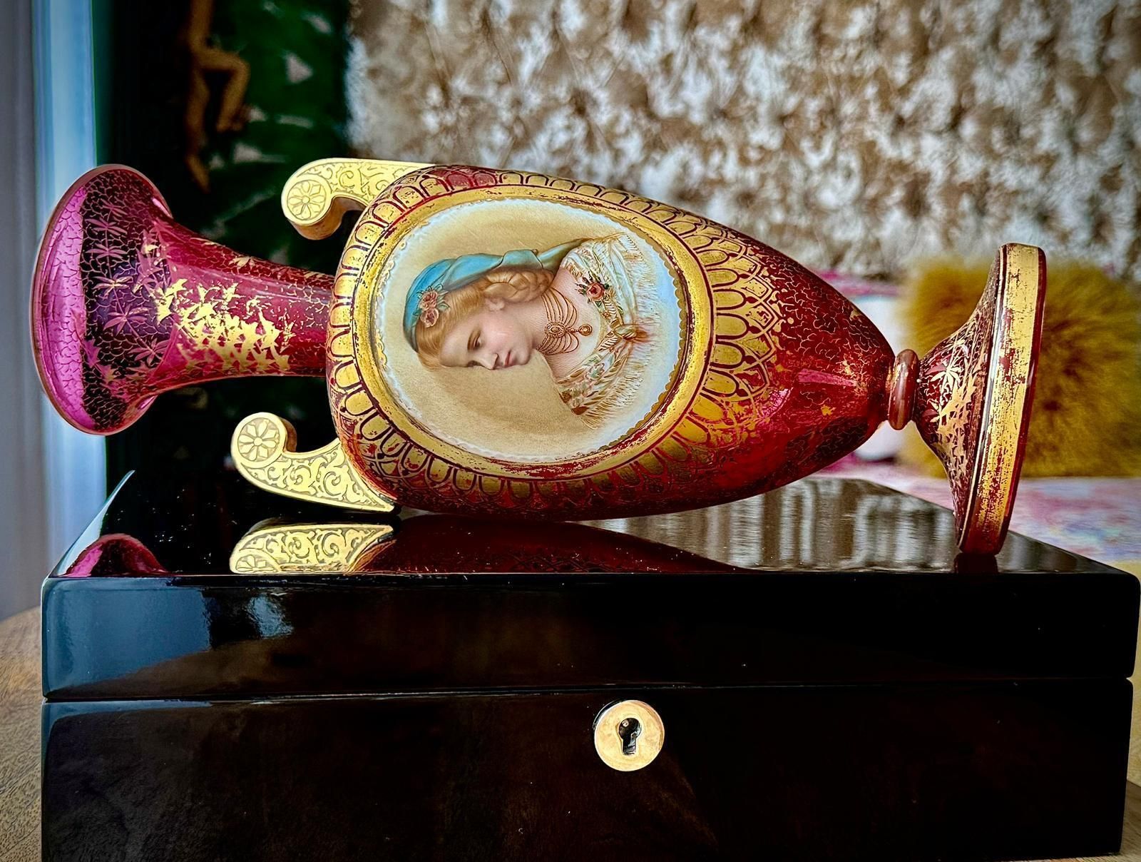 photo for sale 19th Century Bohemian Ruby Glass Urn Vase, Attributed Moser, Hand Painted Portrait, C.1880