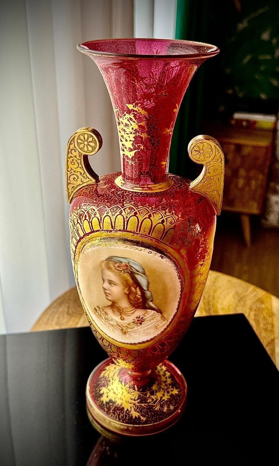 625.0 19th Century Bohemian Ruby Glass Urn Vase, Attributed Moser, Hand Painted Portrait, C.1880 photo