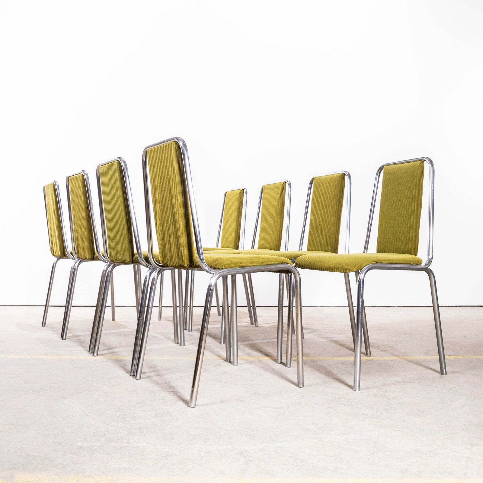 1980’s Olive Green Upholstered Chrome Framed Stacking Dining Chairs – Set Of Eight photo 1144.0