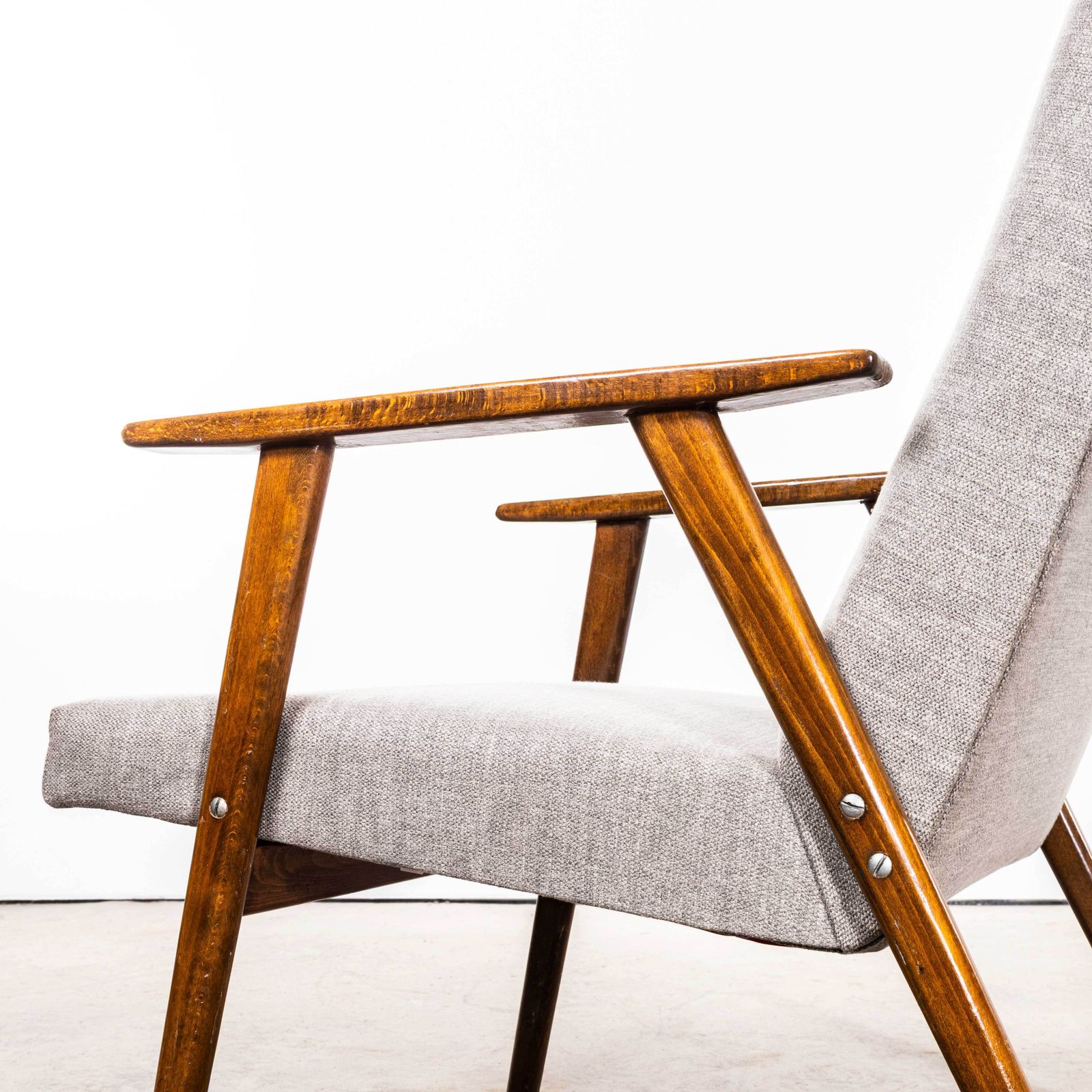 1950’s Mid Century Upholstered Armchairs With Straight Arms And Top Caps In Grey Brushed Cotton photo furniture