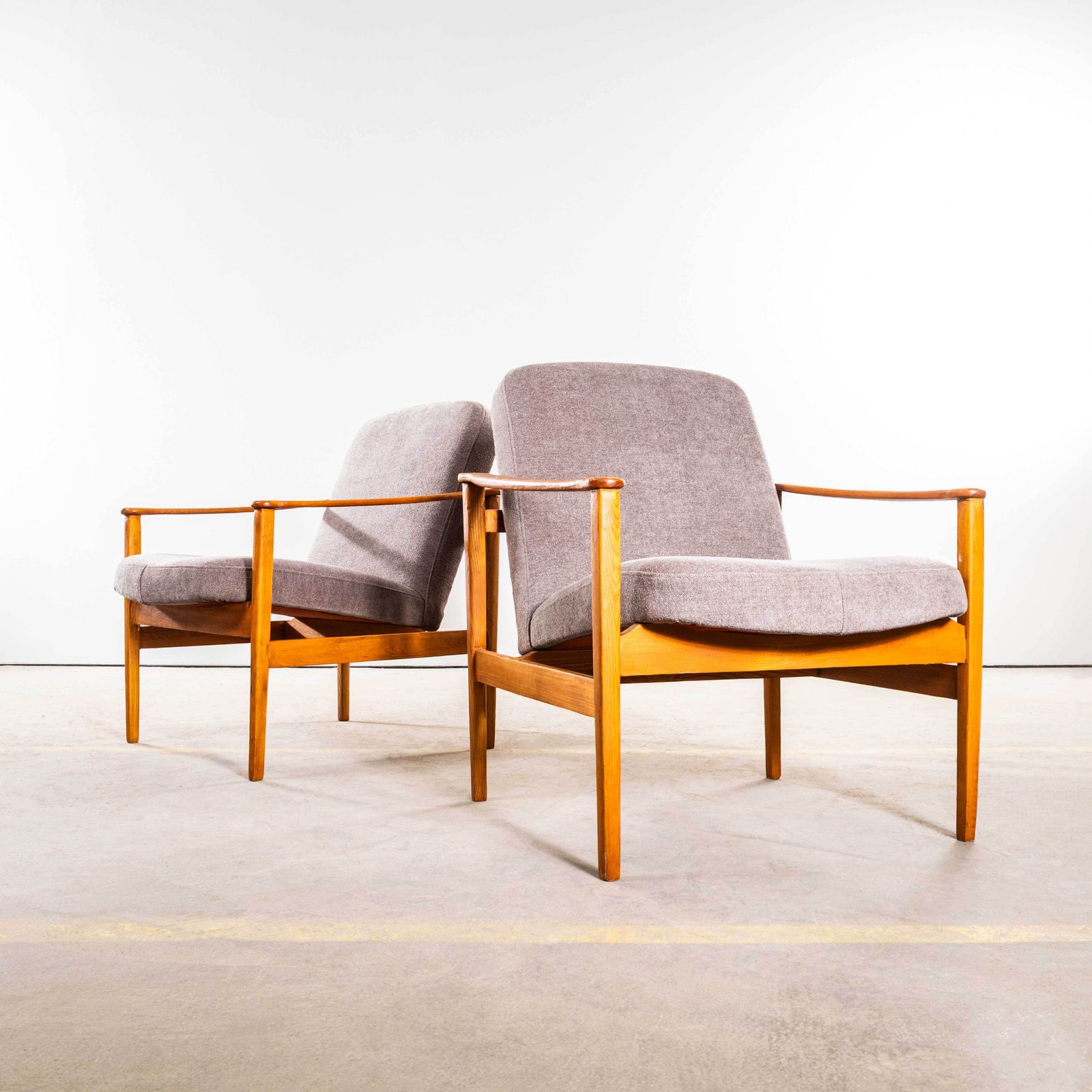 1950’s Mid Century Upholstered Grey Brushed Cotton Armchairs With Straight Arms And Top Caps