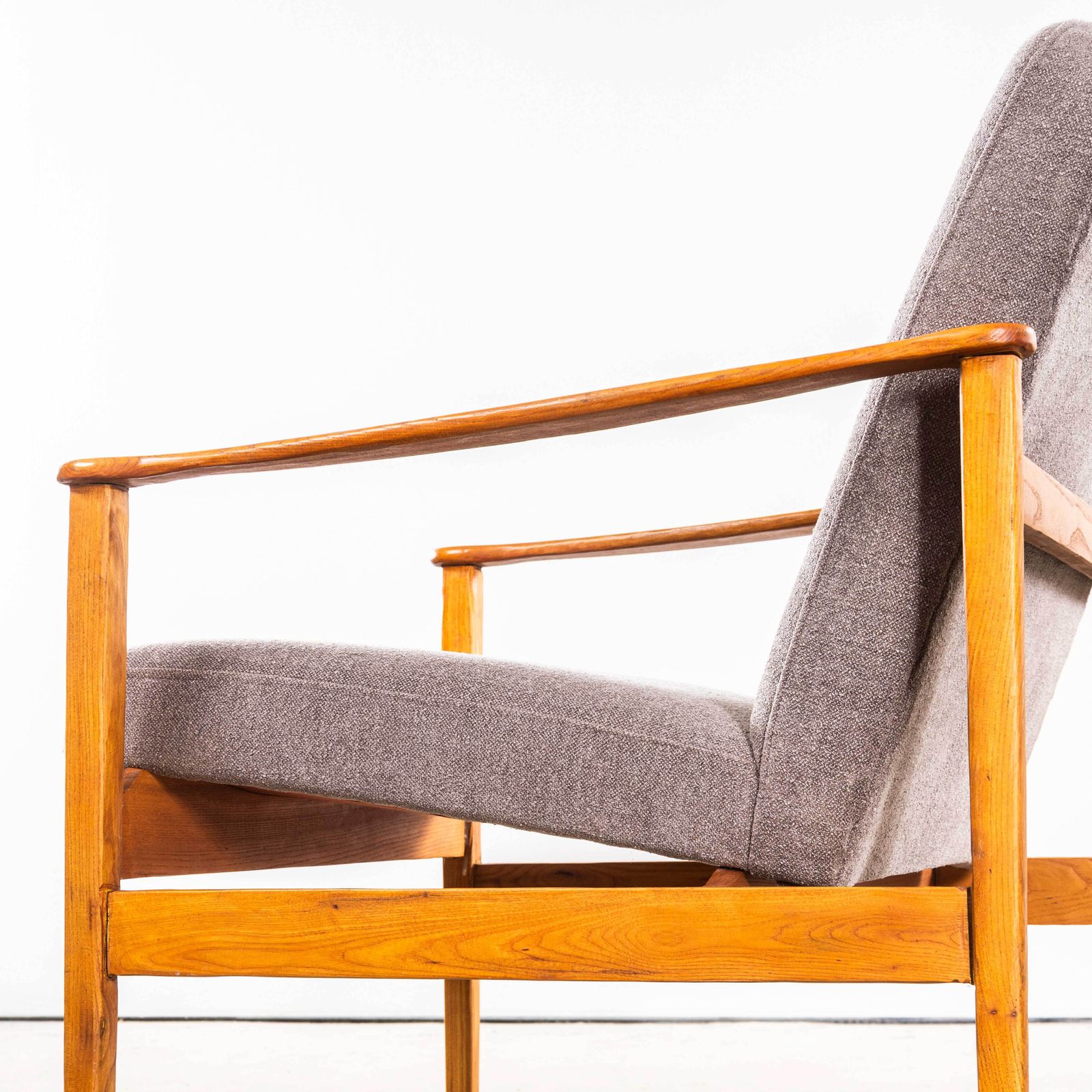 1950’s Mid Century Upholstered Grey Brushed Cotton Armchairs With Straight Arms And Top Caps photo furniture