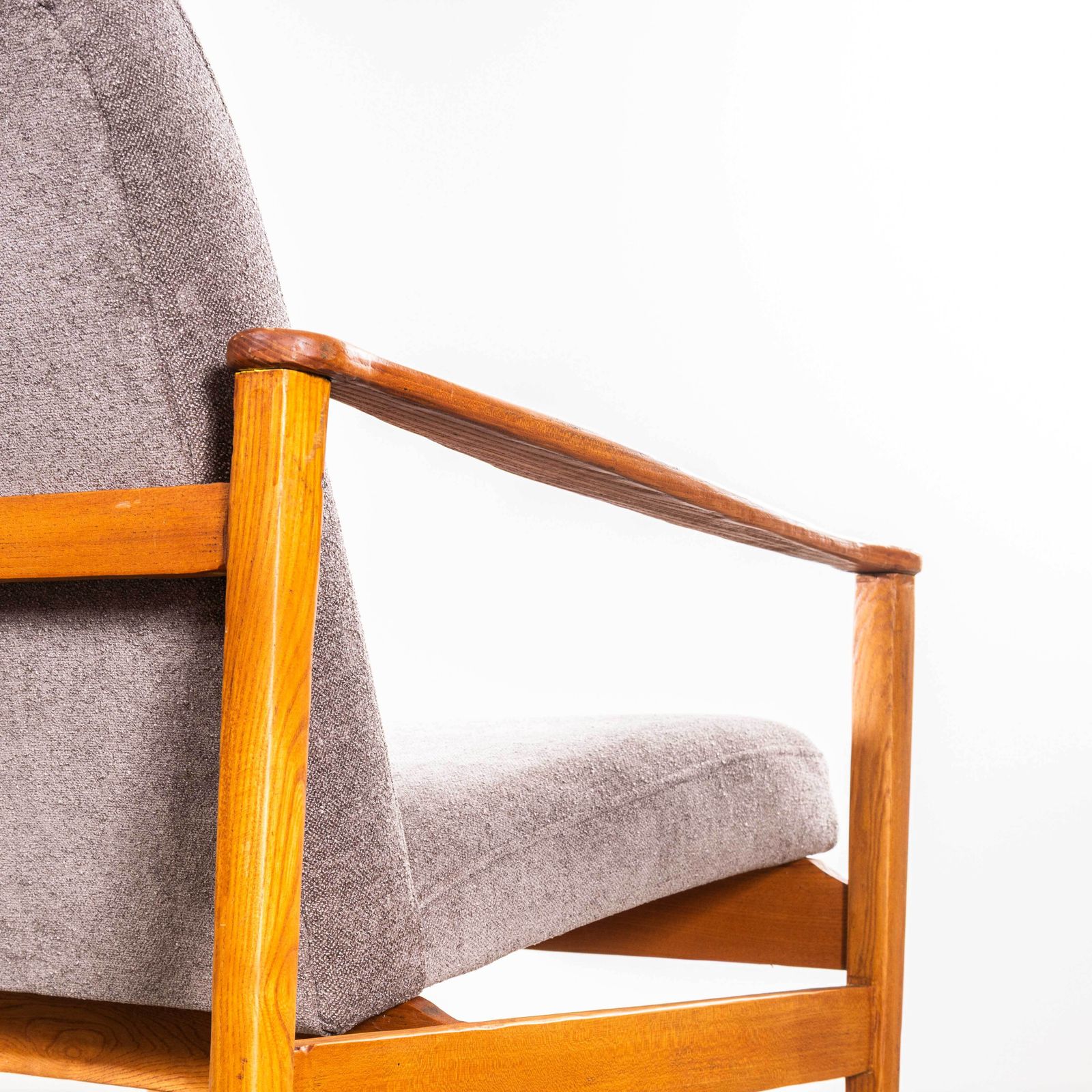 1950’s Mid Century Upholstered Grey Brushed Cotton Armchairs With Straight Arms And Top Caps photo vintage