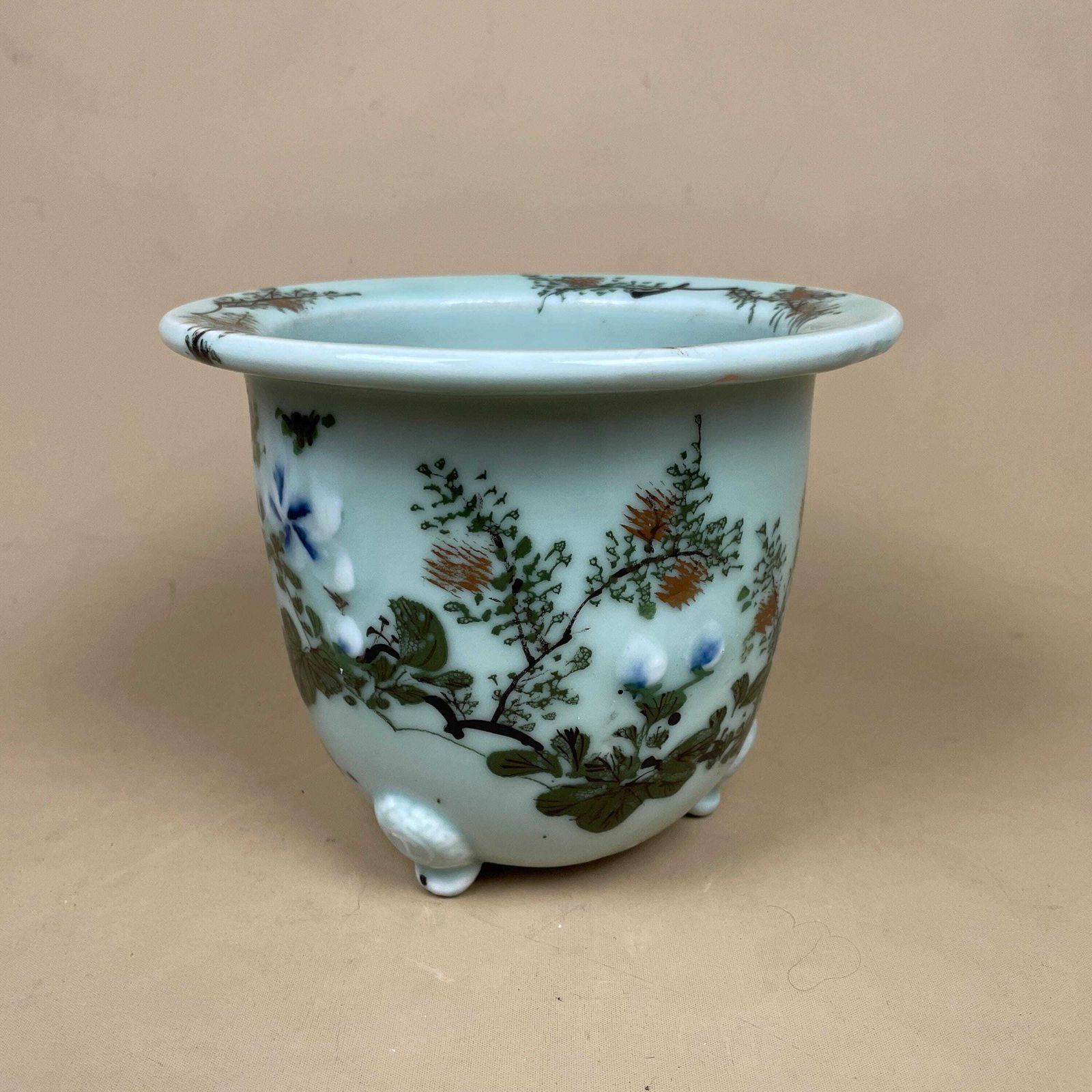 Oriental Celadon Jardiniere Hand Painted Ceramic Pot Planter Chinese Antique Cache Decorative Vase Flowerpot Display Asian Floral Feet