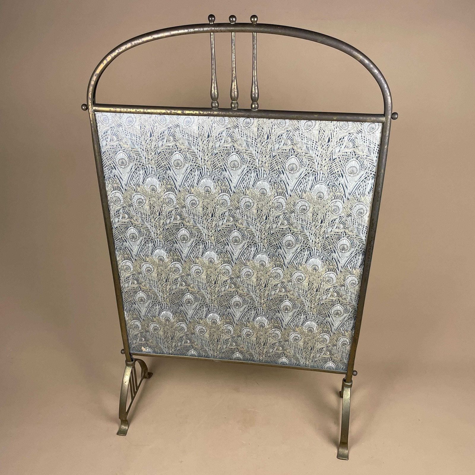Brass Art Nouveau Fire Screen Fireguard Peacock Feather Pattern Gold Brass Metal Frame Glass Fabric Antique Fire Guard Vintage photo Home Fixtures
