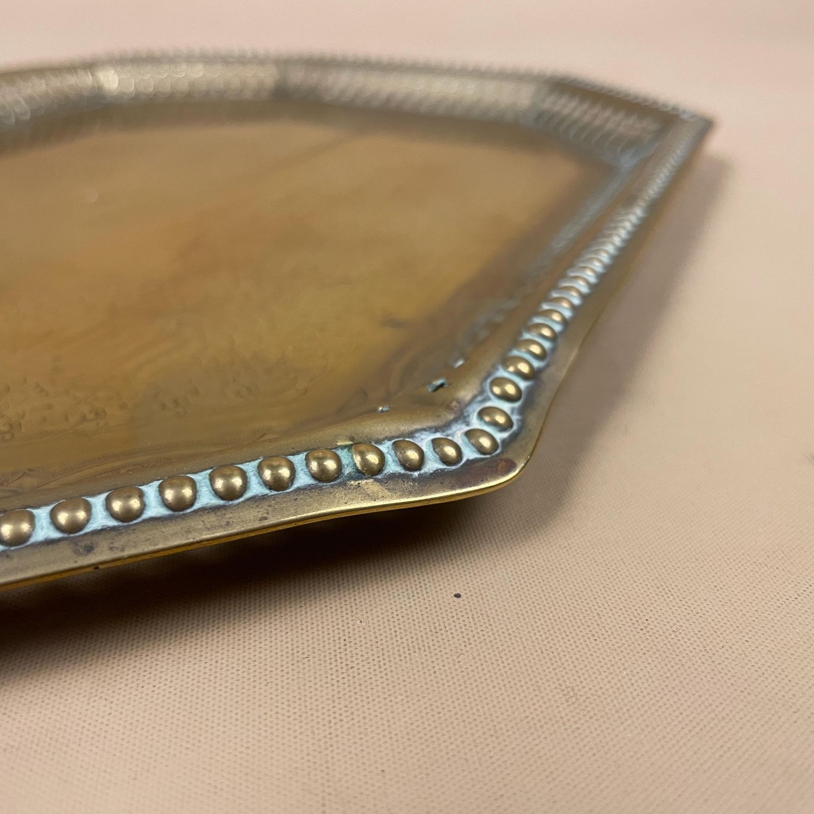 Antique Small Metal Pale Gold Tray Rectangular Plate Decorative Edge Ornate Aged Patina Display Embossed Engraved Traditional Handmade photo vintage