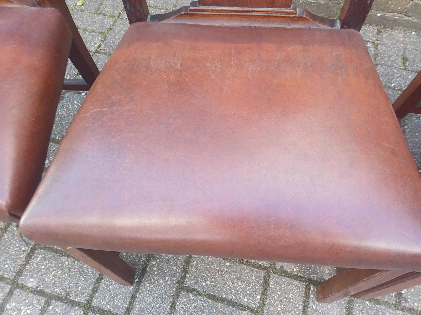 Set Of Four Vintage 1920s Mahogany Dining Chairs With Carved Backs And Brown Vinyl Seats photo furniture