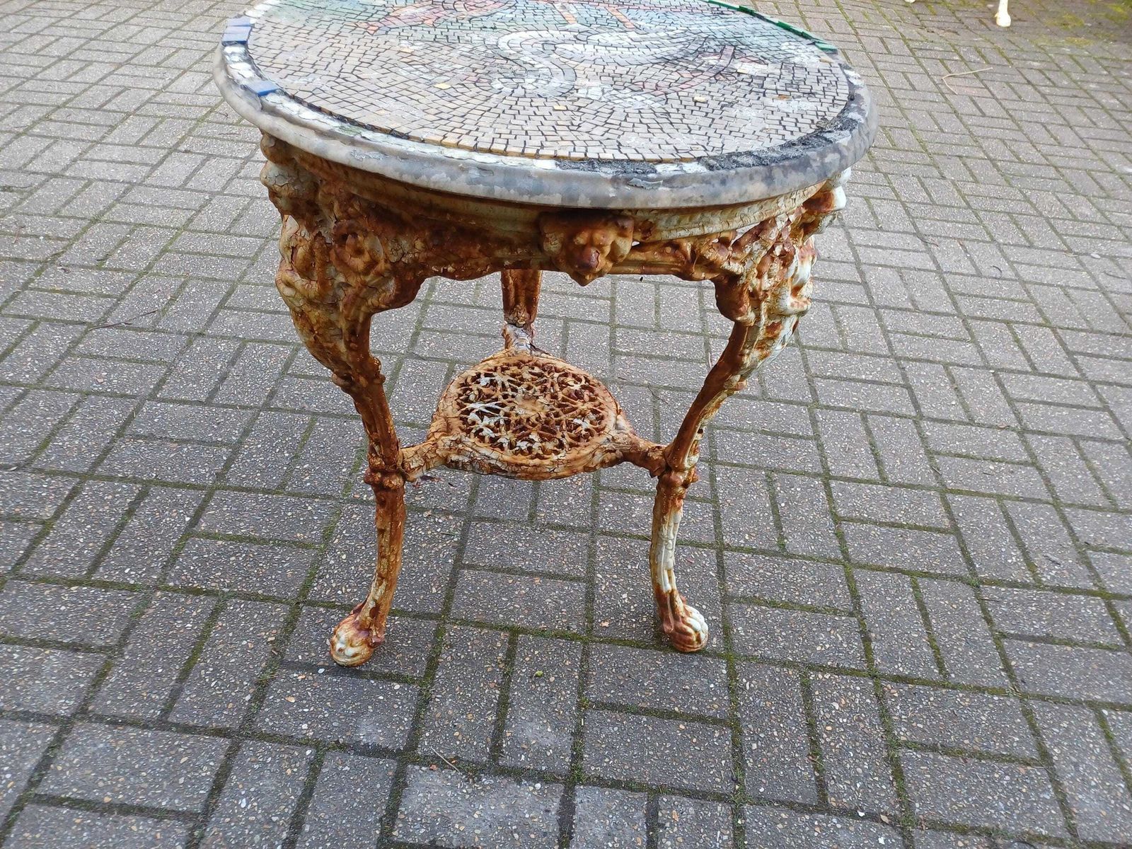 Victorian Britannia Garden Table Antique Cast Iron Mosaic Top Bird Design Rustic Table Outdoor Furniture Ornate Base photo buy
