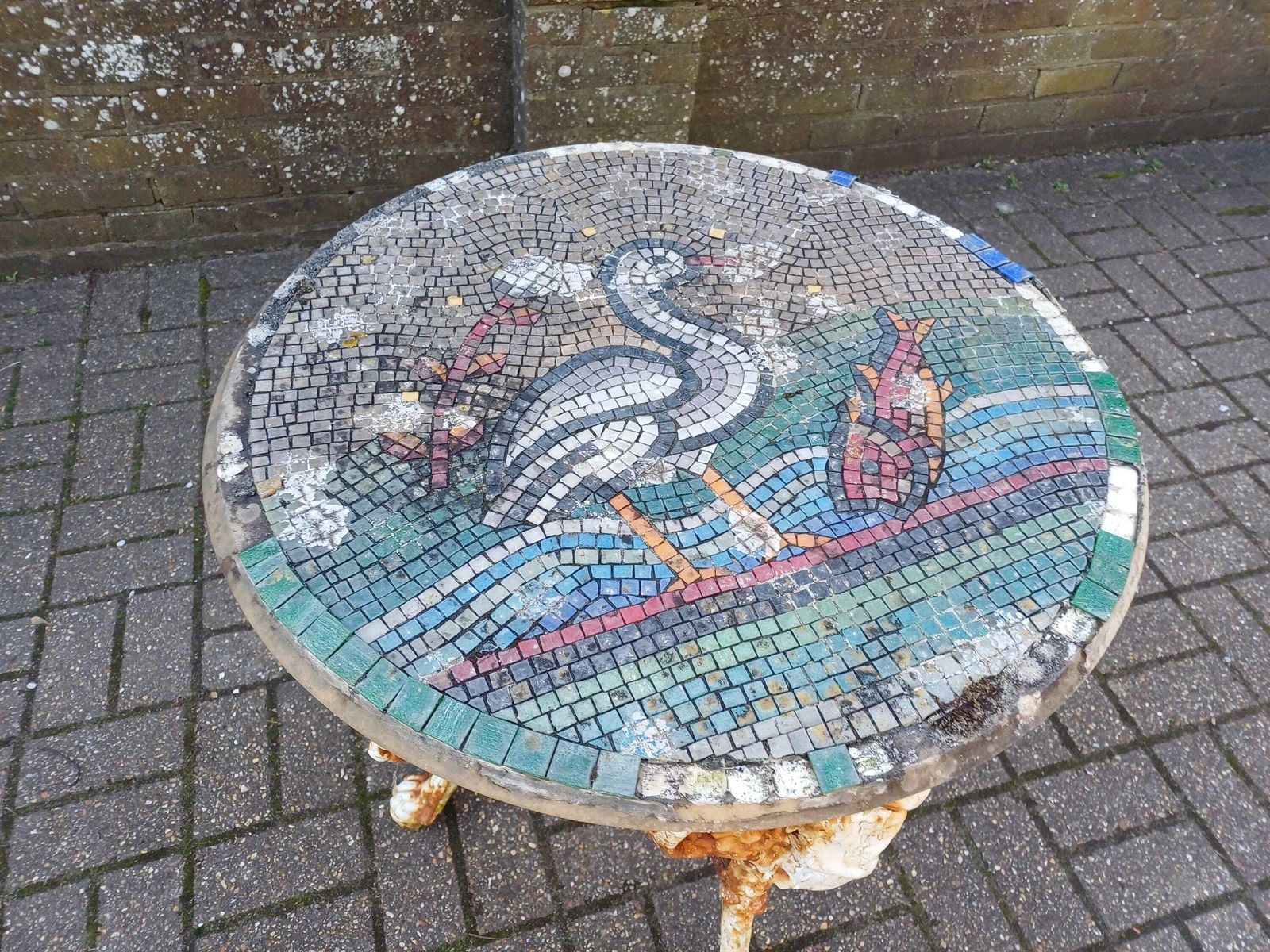 Victorian Britannia Garden Table Antique Cast Iron Mosaic Top Bird Design Rustic Table Outdoor Furniture Ornate Base photo vintage