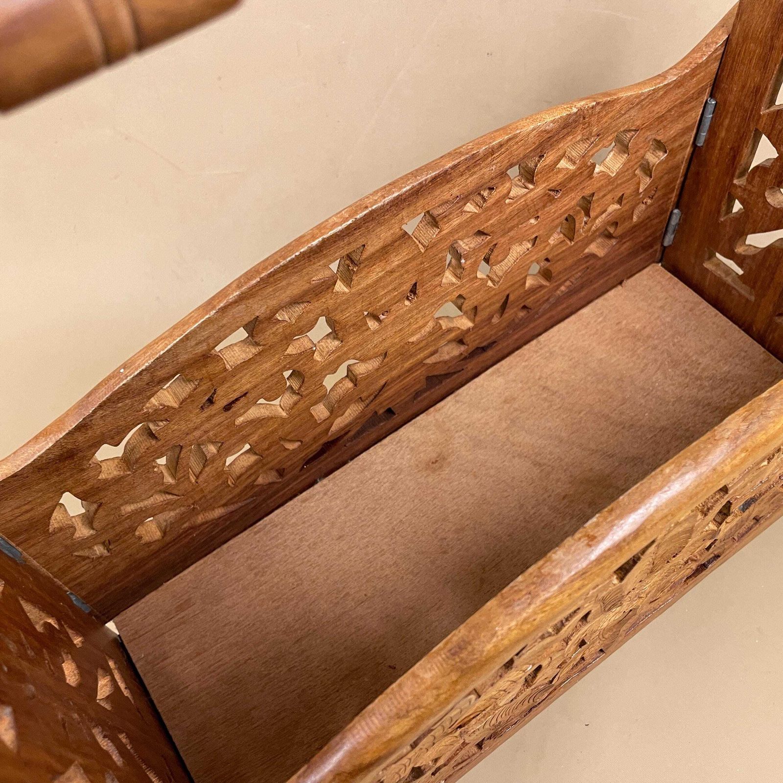 Wooden Magazine Rack Hand Carved Vintage Teak Newspaper Holder Document Storage Floral Pattern Cottage Farmhouse Retro photo vintage