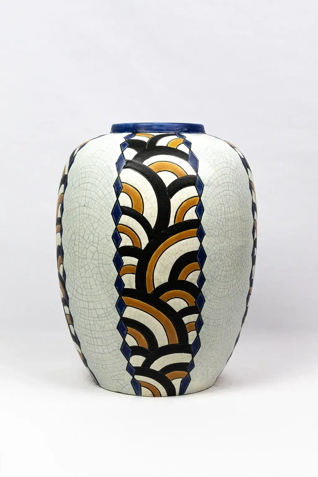 Art Deco Vase From The Nimy Pottery Factory — Crackled Earthenware, Geometric Decoration, Belgium Circa 1940