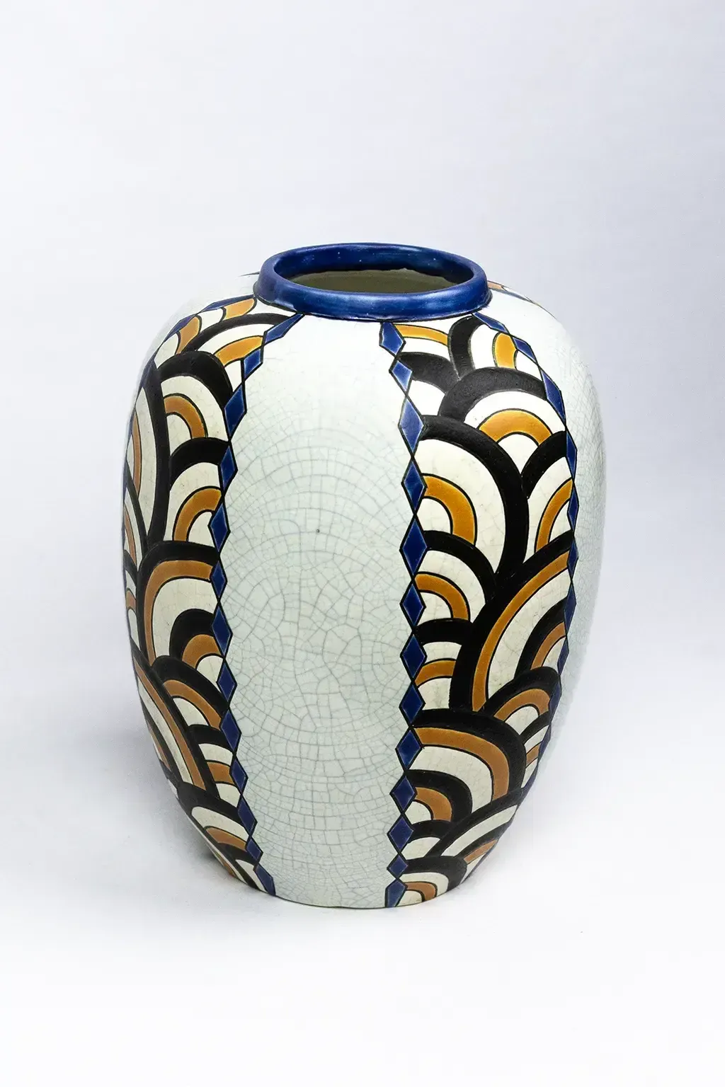 Art Deco Vase From The Nimy Pottery Factory — Crackled Earthenware, Geometric Decoration, Belgium Circa 1940 photo Home Decor