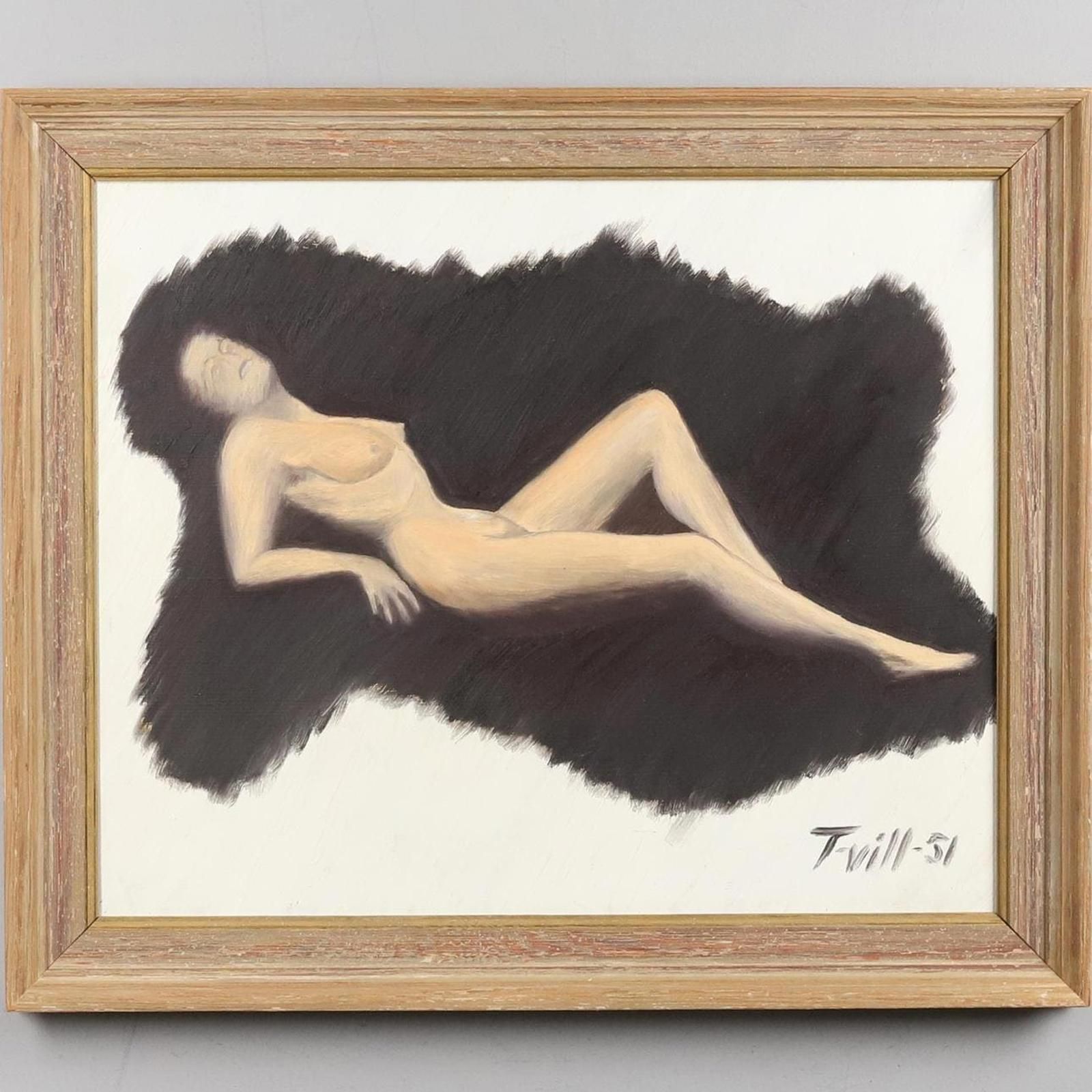 Original Swedish Oil On Panel – “Model In The Dark” By T. Vill– Dated 1951 – Vintage & Framed – 44.5 × 36 Cm (17.5" × 14.2") photo furniture