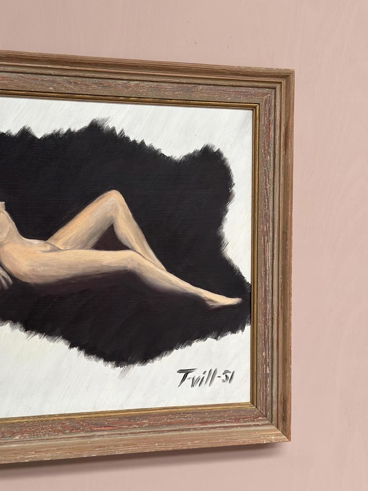 Original Swedish Oil On Panel – “Model In The Dark” By T. Vill– Dated 1951 – Vintage & Framed – 44.5 × 36 Cm (17.5" × 14.2") photo vinterior