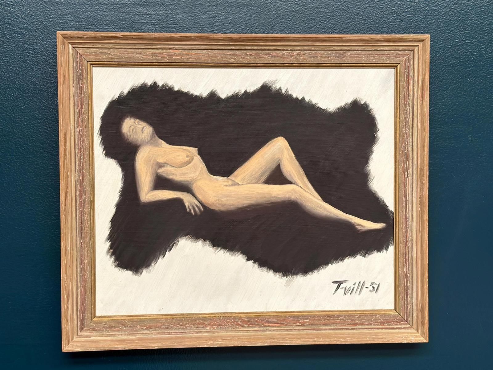 295.0 Original Swedish Oil On Panel – “Model In The Dark” By T. Vill– Dated 1951 – Vintage & Framed – 44.5 × 36 Cm (17.5" × 14.2") photo