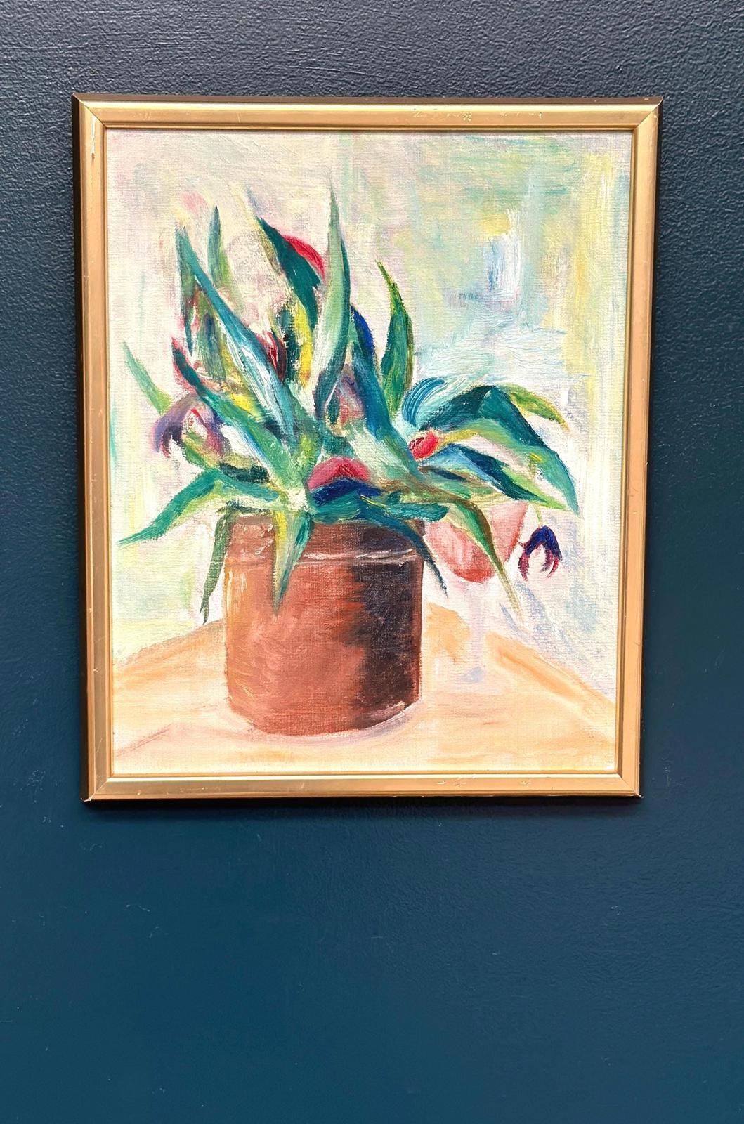 Original Swedish Oil On Canvas – “Vase With Plant” – Vintage & Framed – 34 × 45 Cm (13.4" × 17.7")