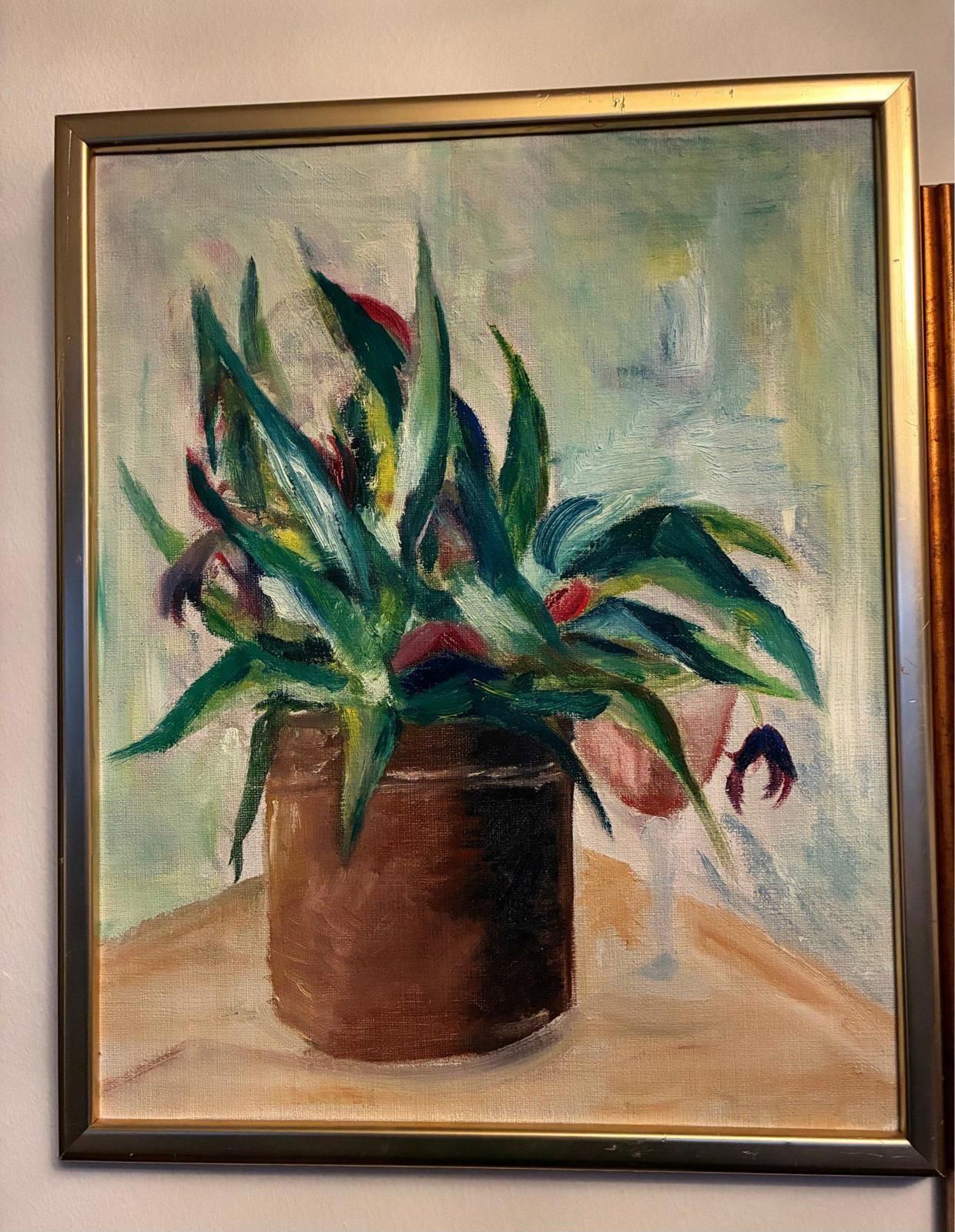 Original Swedish Oil On Canvas – “Vase With Plant” – Vintage & Framed – 34 × 45 Cm (13.4" × 17.7") photo furniture