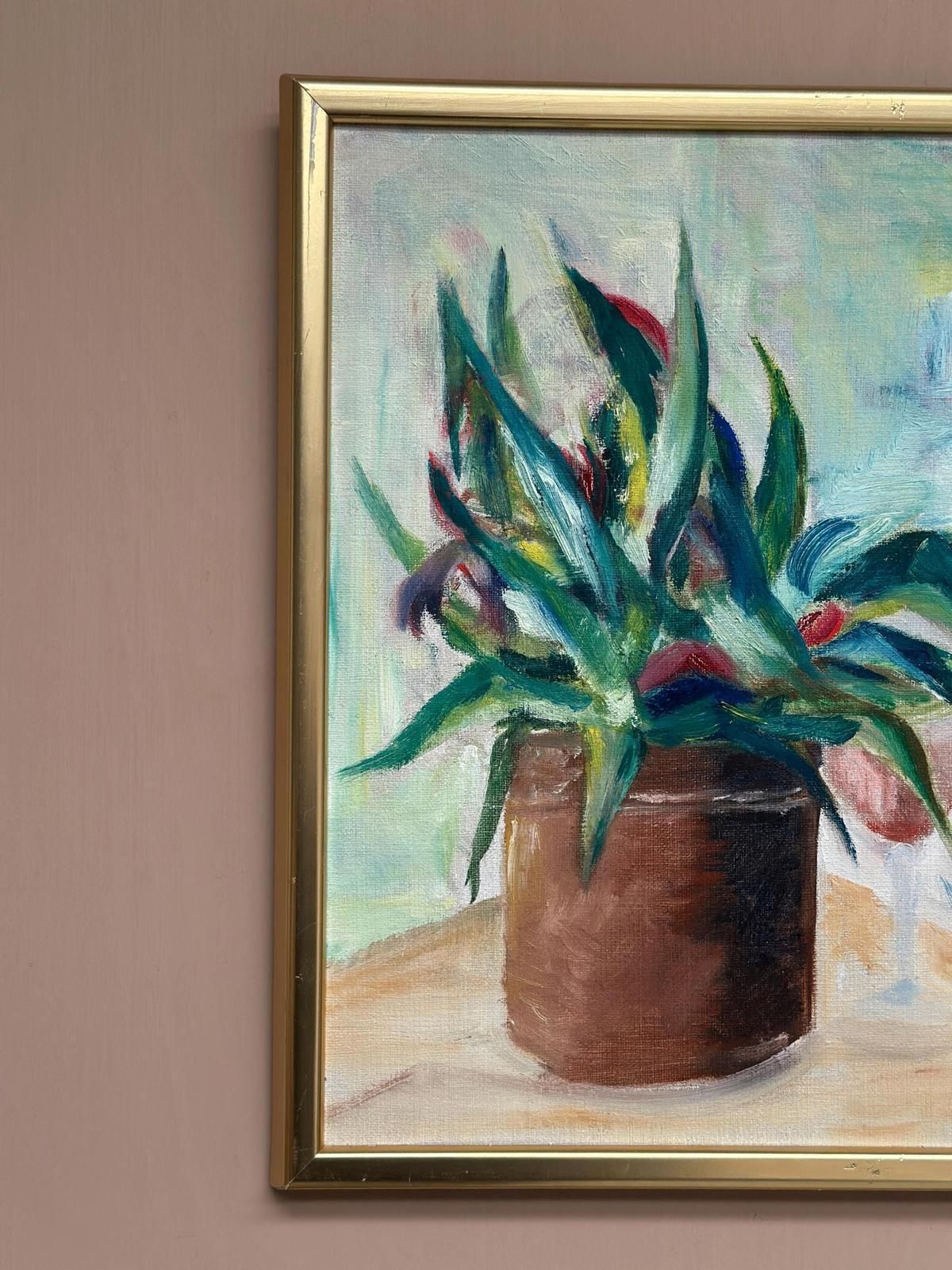photo furniture Original Swedish Oil On Canvas – “Vase With Plant” – Vintage & Framed – 34 × 45 Cm (13.4" × 17.7")