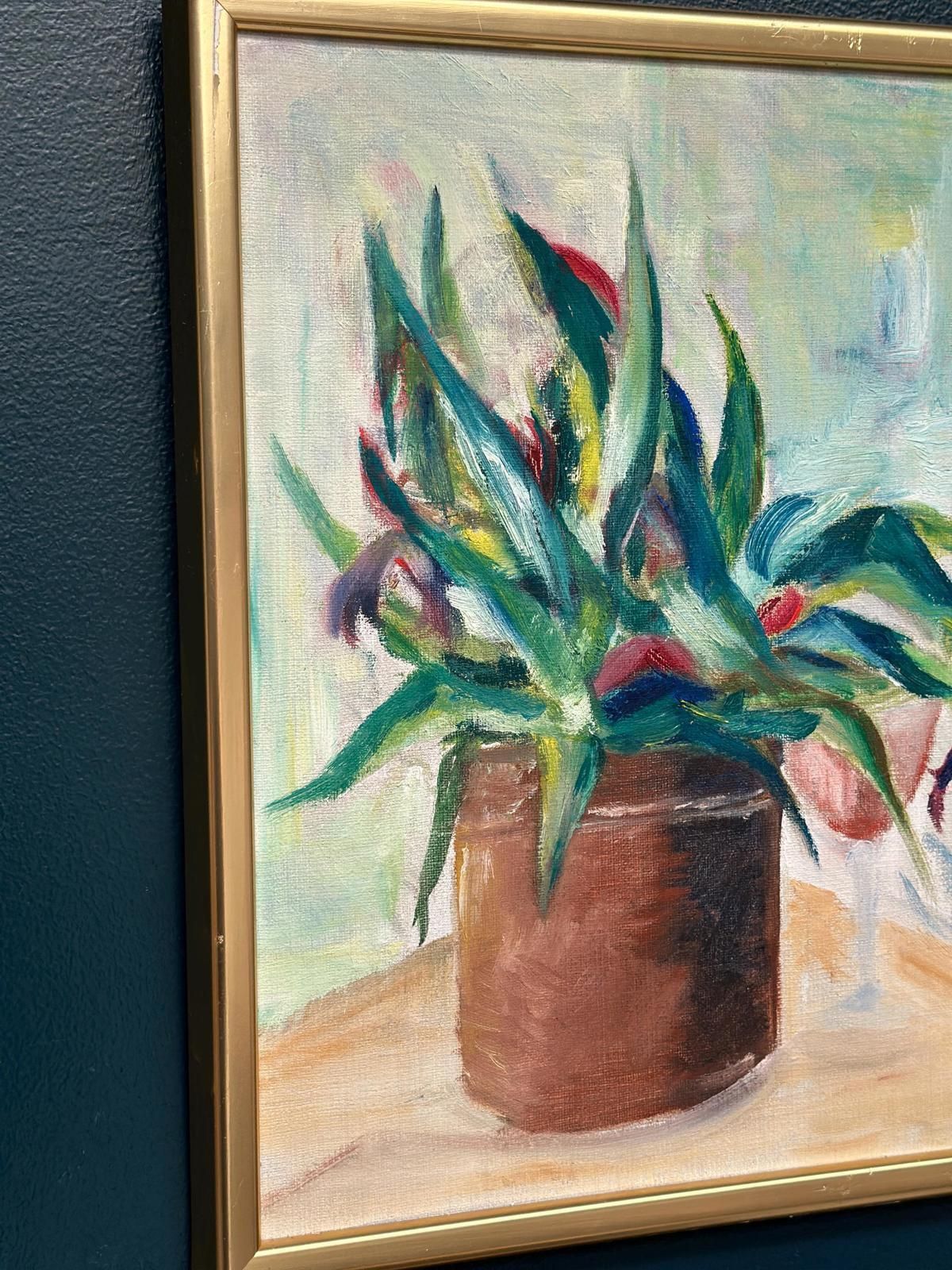 photo vintage Original Swedish Oil On Canvas – “Vase With Plant” – Vintage & Framed – 34 × 45 Cm (13.4" × 17.7")