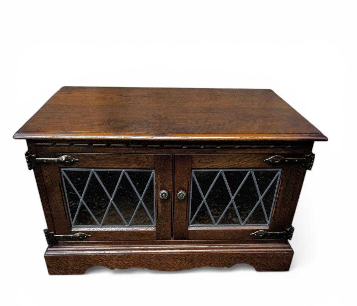 Vintage Old Charm Wood Brothers / Oak Leaded Glass Tv Stand / Tudor Brown Finish photo Furniture