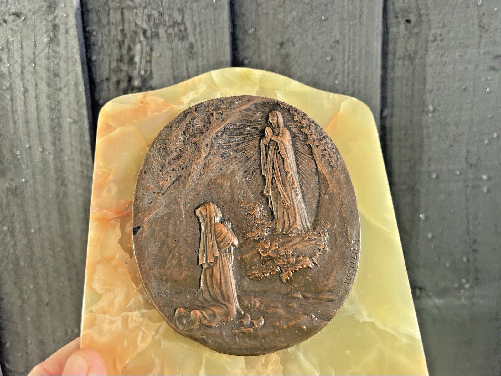 Antique Lady Of Lourdes Apparition Signed Bronze Holy Water Catholic Church Font photo Art