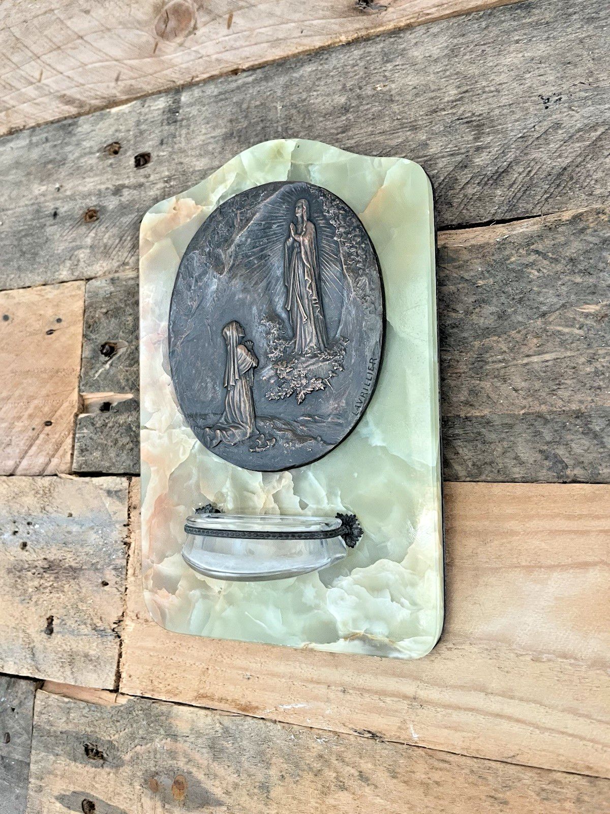 photo vinterior Antique Lady Of Lourdes Apparition Signed Bronze Holy Water Catholic Church Font