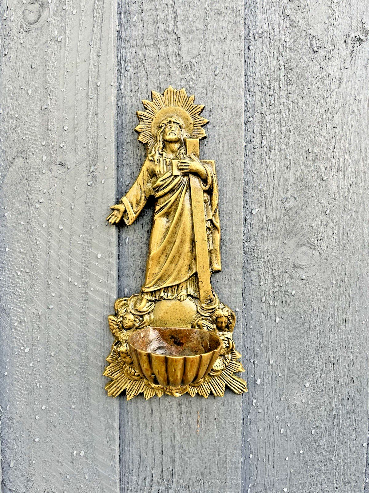 Antique French Art Deco Brass Holy Water Catholic Church Font Jesus Cross Angels