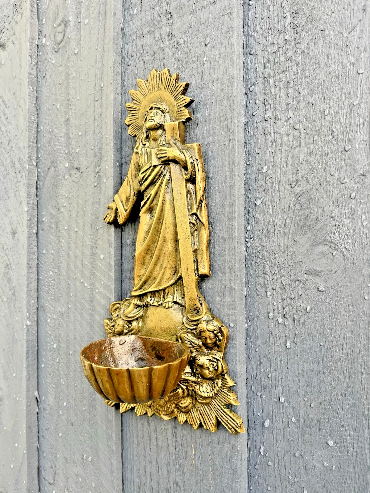 Antique French Art Deco Brass Holy Water Catholic Church Font Jesus Cross Angels photo furniture
