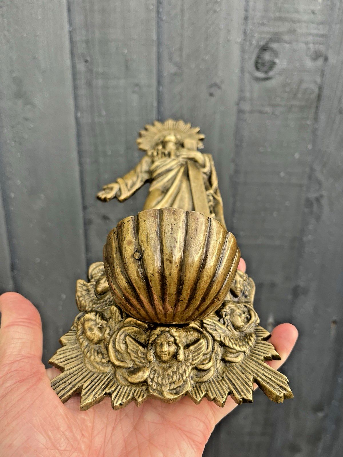 Antique French Art Deco Brass Holy Water Catholic Church Font Jesus Cross Angels photo Art