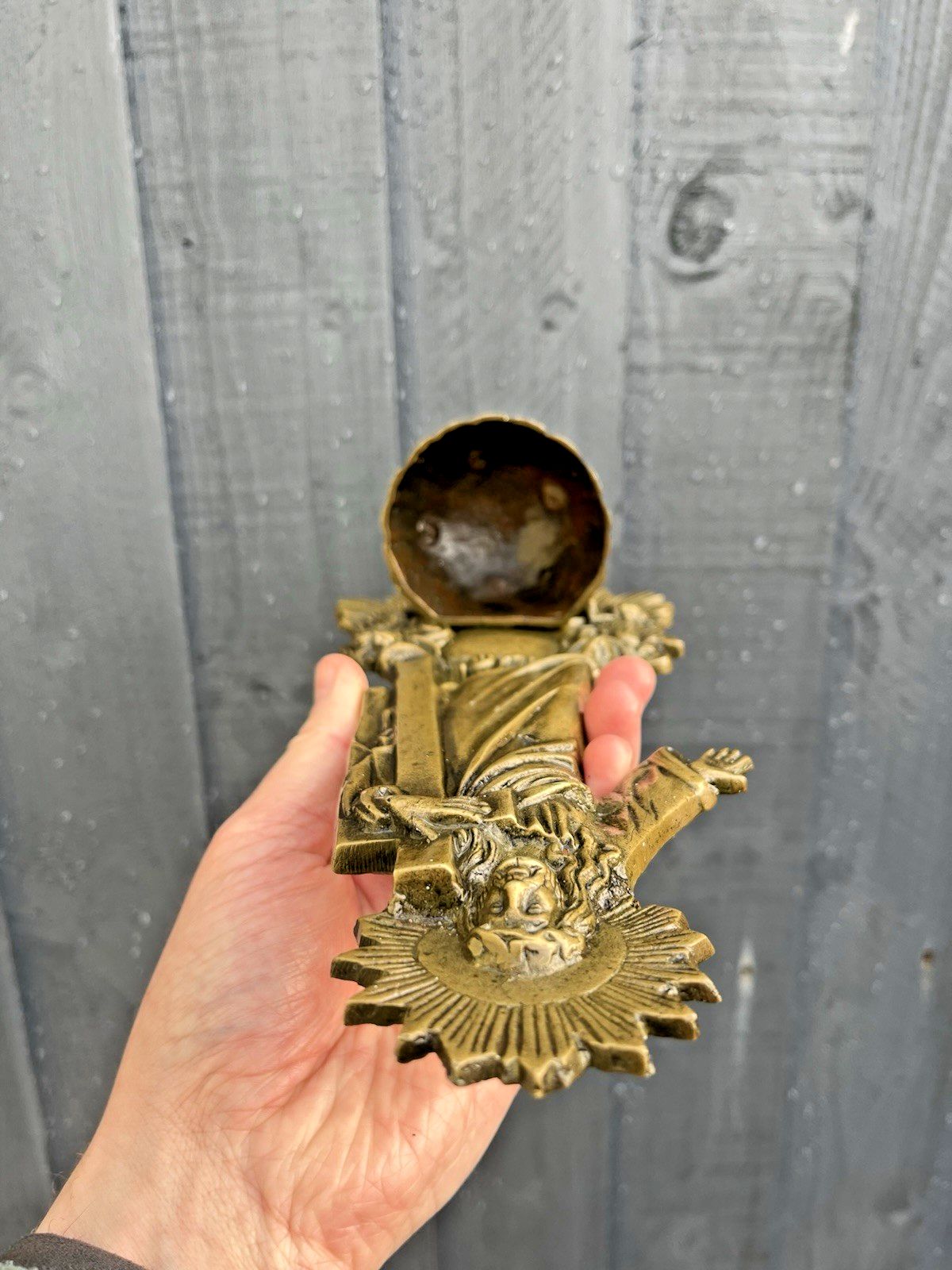 Antique French Art Deco Brass Holy Water Catholic Church Font Jesus Cross Angels photo 150.0