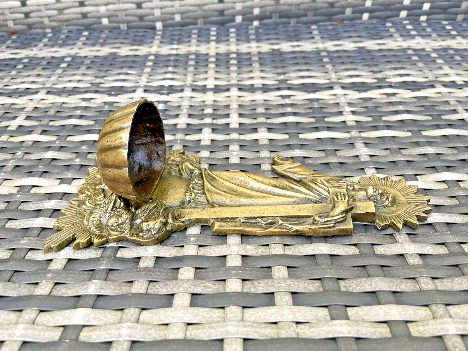 photo furniture Antique French Art Deco Brass Holy Water Catholic Church Font Jesus Cross Angels