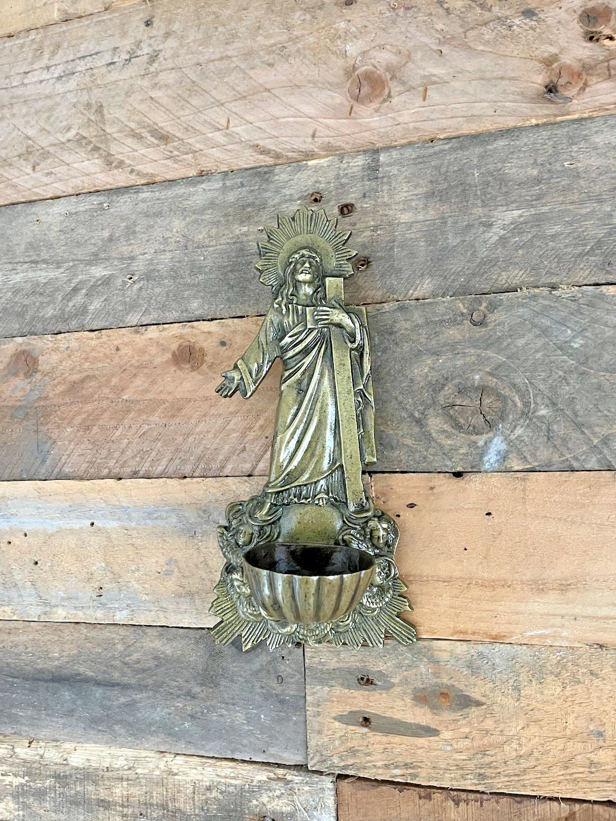 photo buy Antique French Art Deco Brass Holy Water Catholic Church Font Jesus Cross Angels