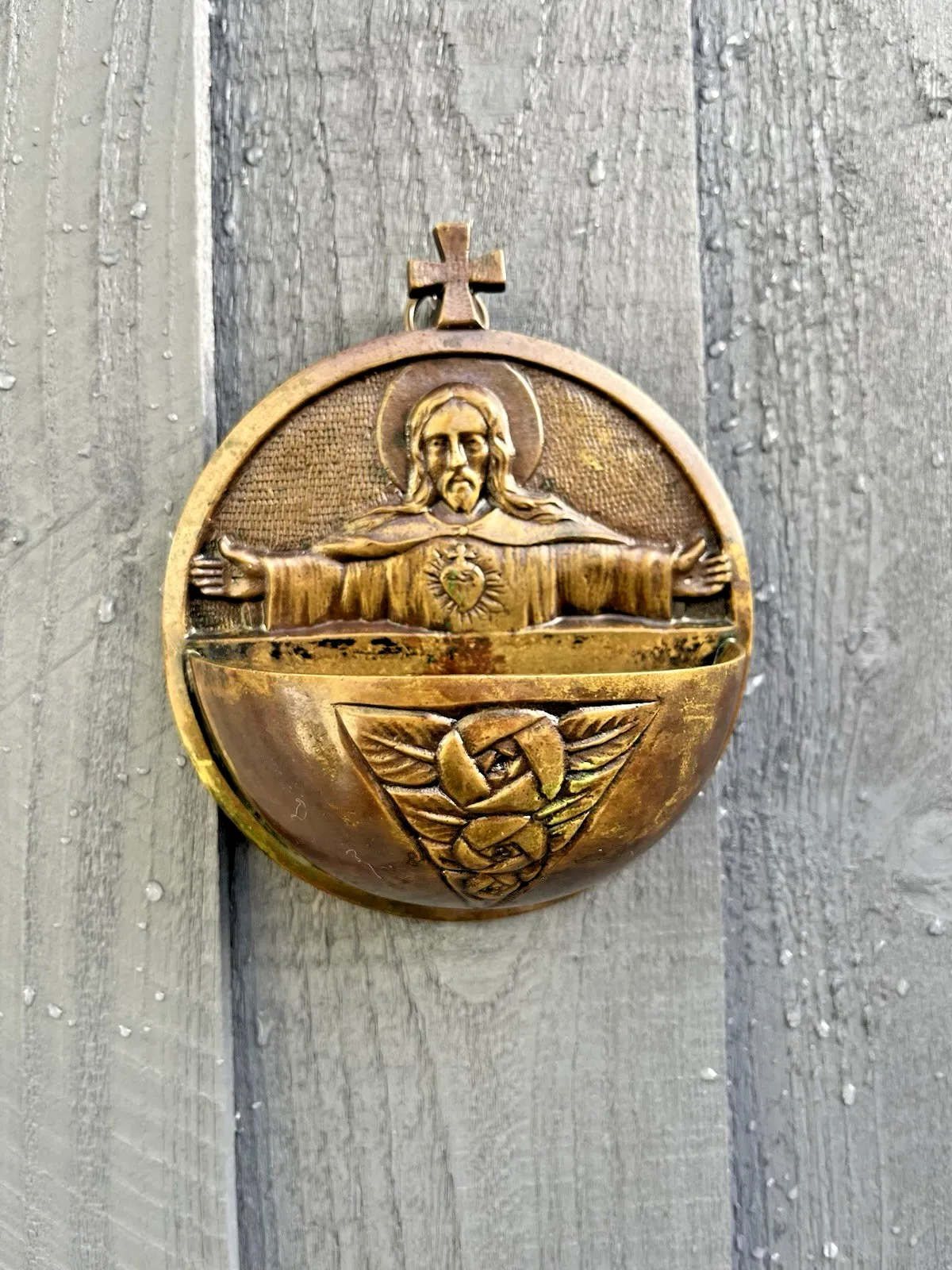 Art Deco Bronze Jesus Sacred Heart Holy Water Catholic Church Font Signed Hoffer