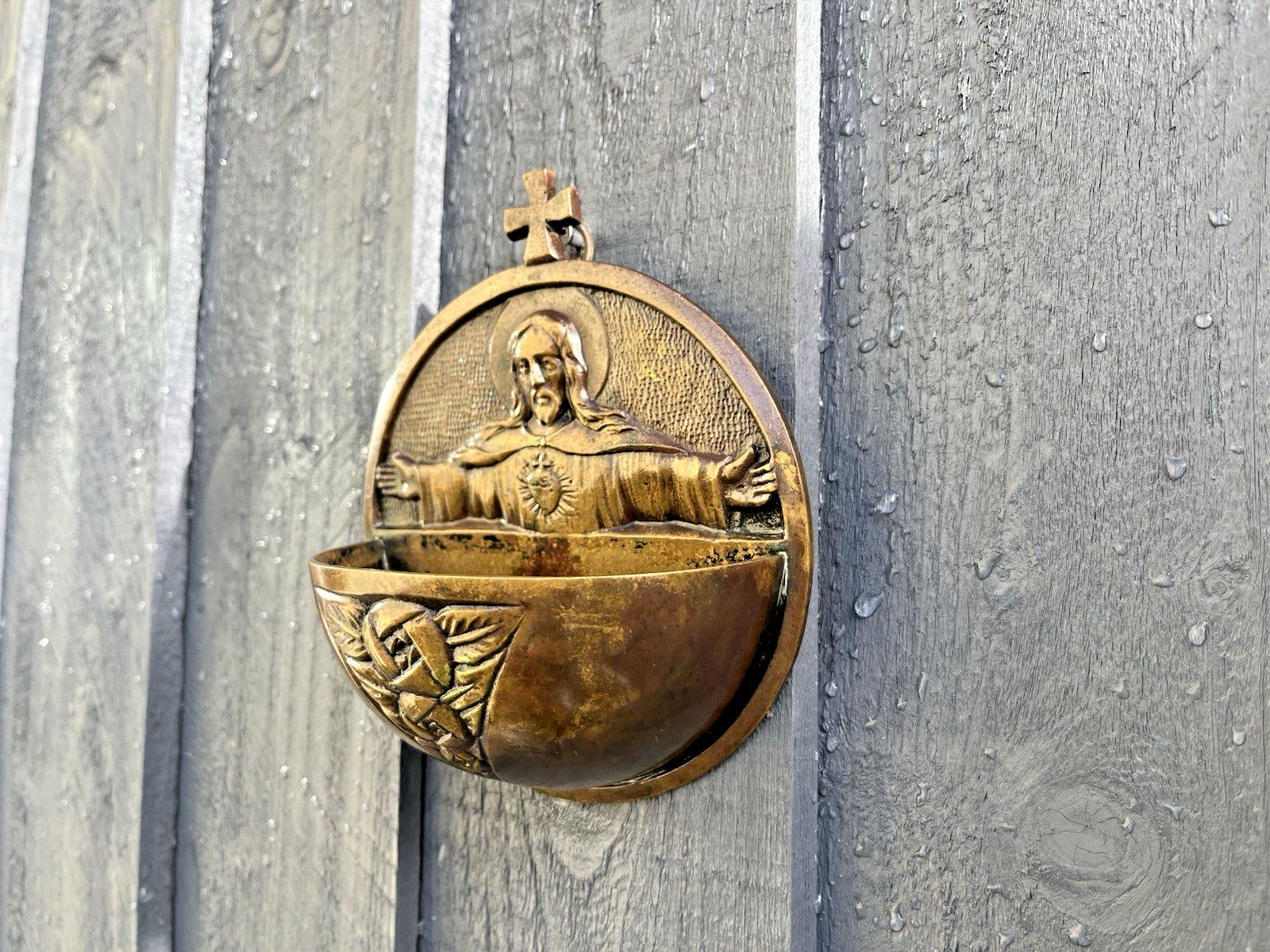 Art Deco Bronze Jesus Sacred Heart Holy Water Catholic Church Font Signed Hoffer photo furniture