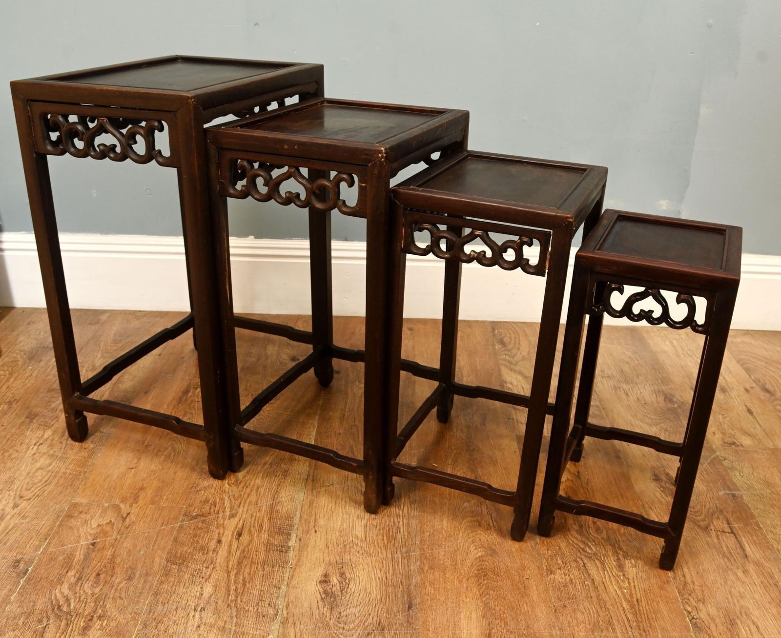 Set Four Chinese Style Graduated Nest Of Tables Carved Friezes Circa 1920 photo Furniture