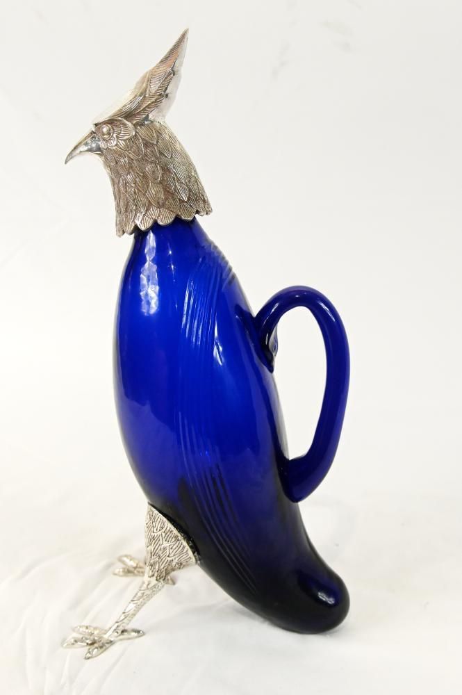 Silver Plate Hawk Decanter  Blue Glass Bird photo vinterior