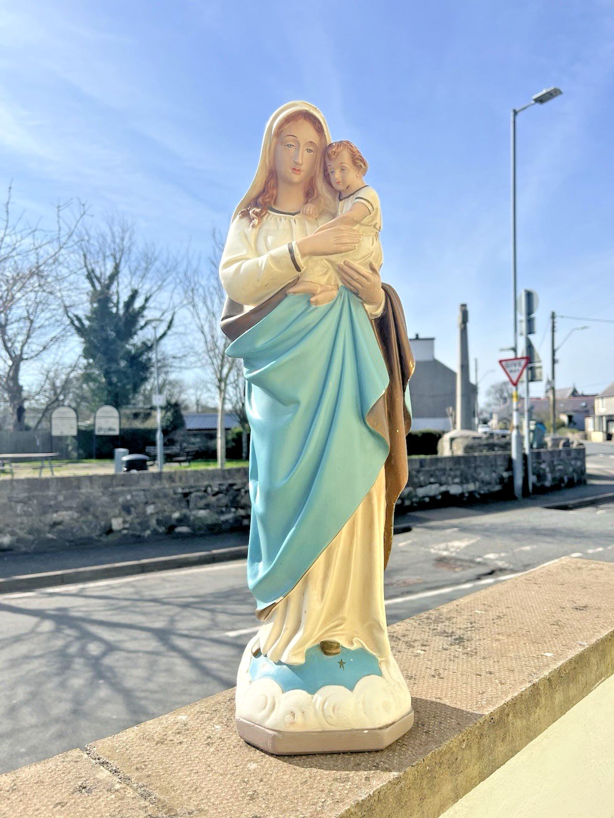 Antique 20" Plaster Chalkware Virgin Mary Baby Jesus Figure Religious Sculpture